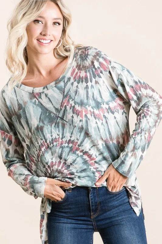 BiBi Tie Dye Terry Top with Contrast Stitching - Stylish Women's Casual Shirt for Summer Outfits, Beach Wear, and Festival Fashion
