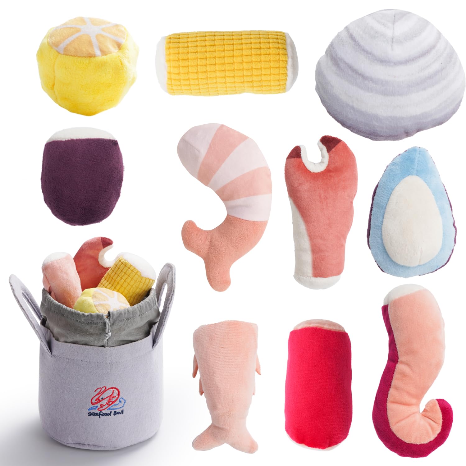 10 PCS Seafood Boil Crinkle Squeaky Dog Toys - Plush Stuffed Puppy Chew Toys for Small & Medium Dogs - Perfect for Boredom Relief, Teething & Interactive Playtime at Home or Outdoors
