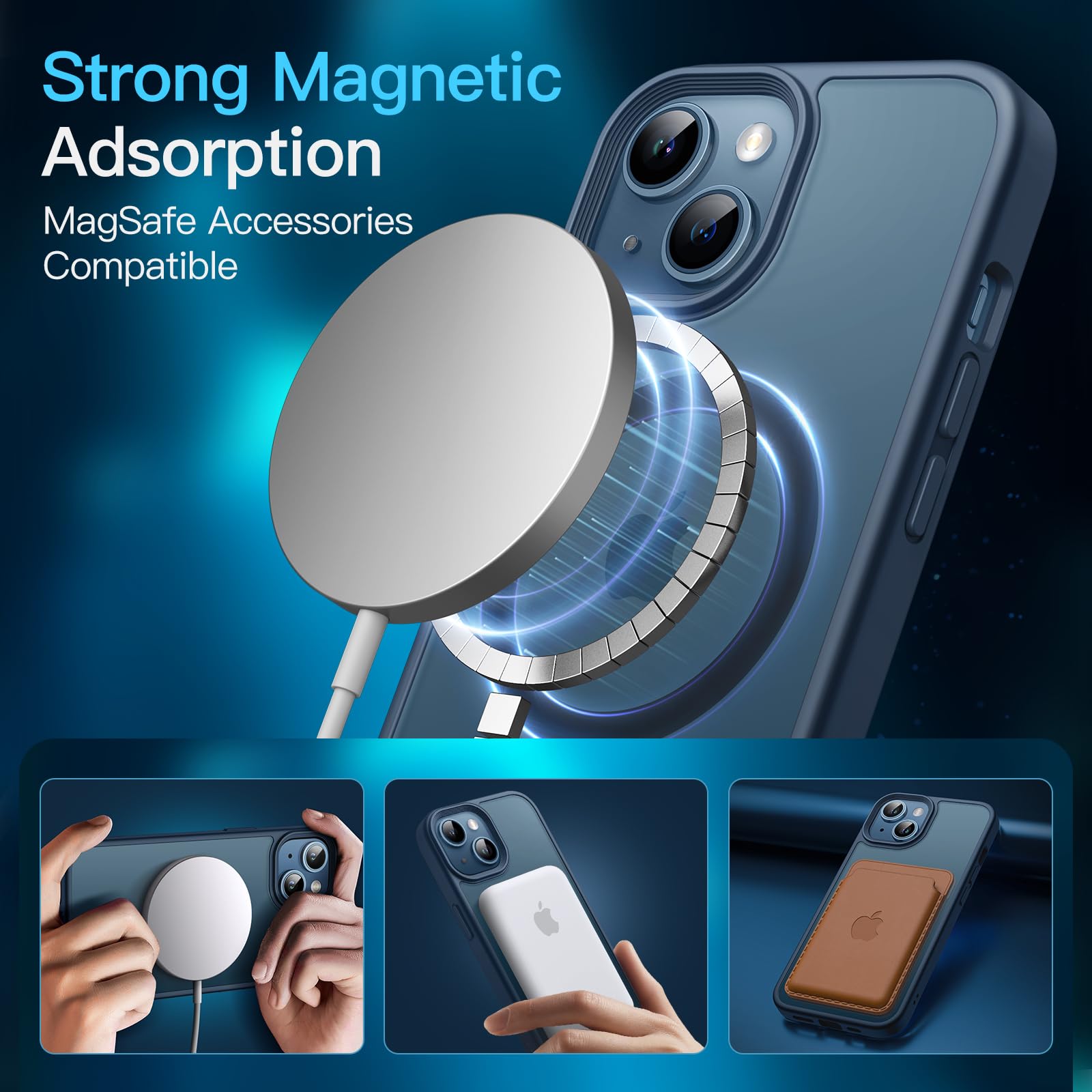 JETech 3 in 1 Magnetic Case for iPhone 13 6.1-Inch | Shockproof Translucent Matte Cover with 2-Pack Tempered Glass Screen Protector | MagSafe Compatible | Storm Blue | Perfect for Work, Travel & Everyday Protection