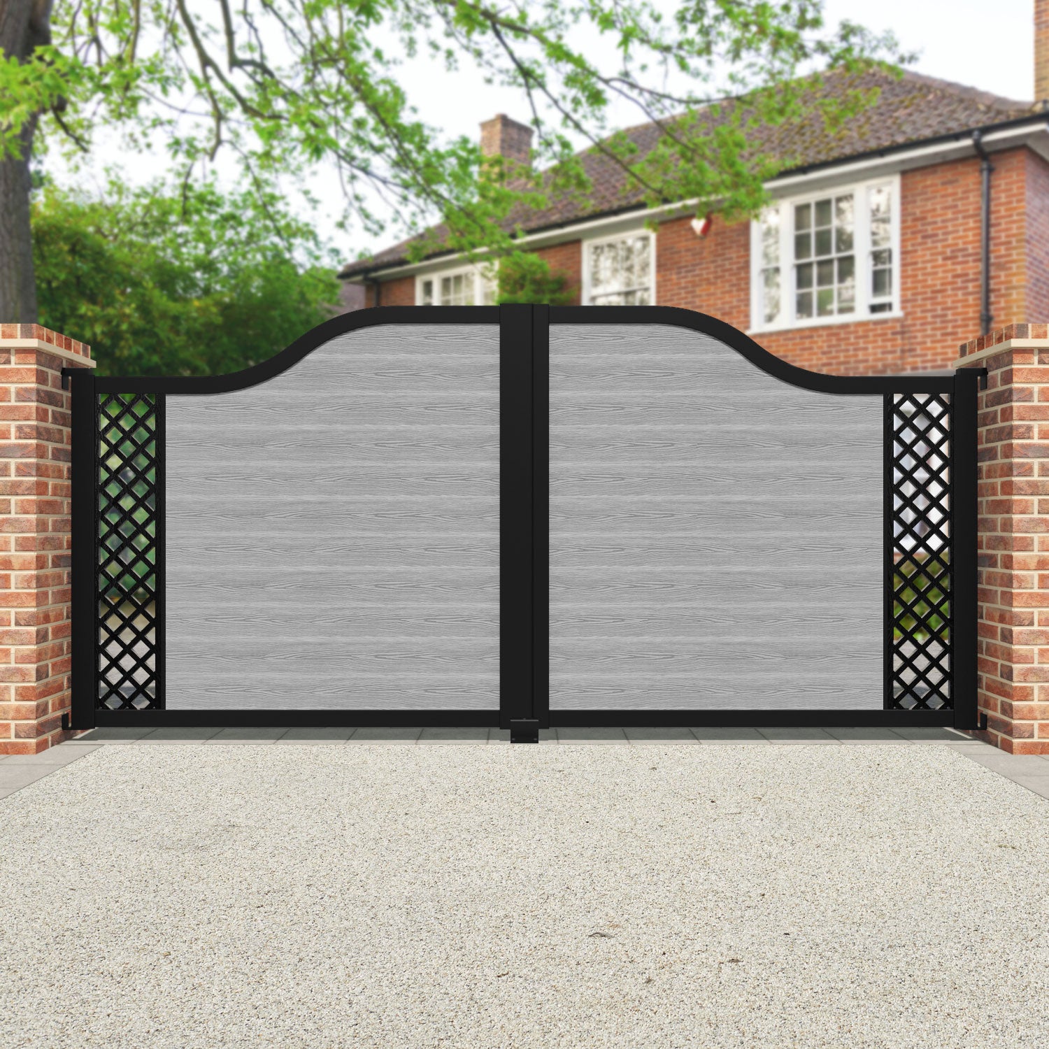 Classic Hive Curved Top Driveway Gate - Light Grey End Screen - Perfect for Residential Driveway Security & Elegant Home Entrance Enhancement