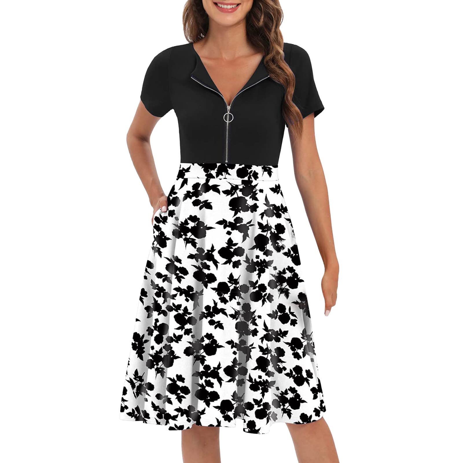 Vintage Floral Print Stretchy Midi Swing Dress for Women - Summer Party Dress with Flared Skirt & Pockets - Plus Size Comfortable Casual & Formal Occasion Wear