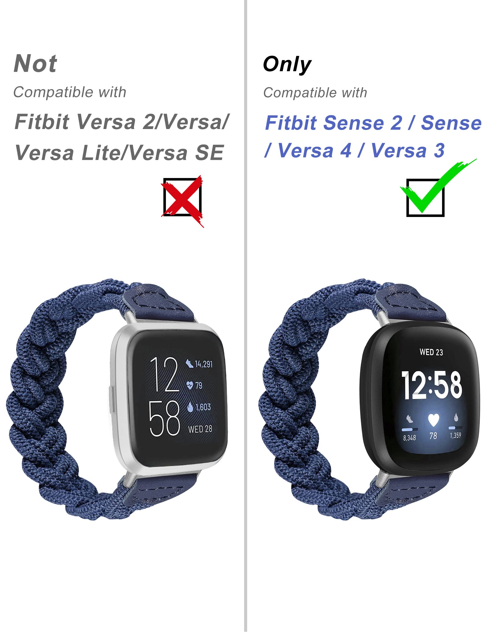 Elastic Braided Solo Loop Strap for Fitbit Sense/Sense 2/Versa 3/Versa 4 - Slim Stretchy Woven Wristband Accessory for Women - Navy Blue Size S - Perfect for Workouts, Running & Daily Wear