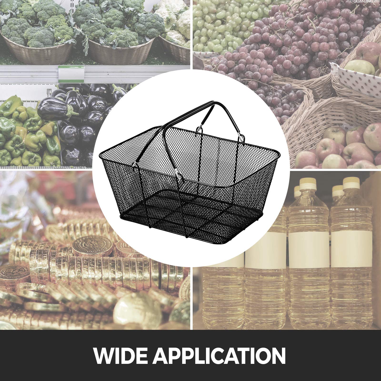 VEVOR 12-Pack Black Metal Shopping Baskets with Handles - Portable Wire Mesh Baskets for Supermarkets, Retail Stores & Grocery Shopping - Durable & Stylish for Home, Office & Commercial Use