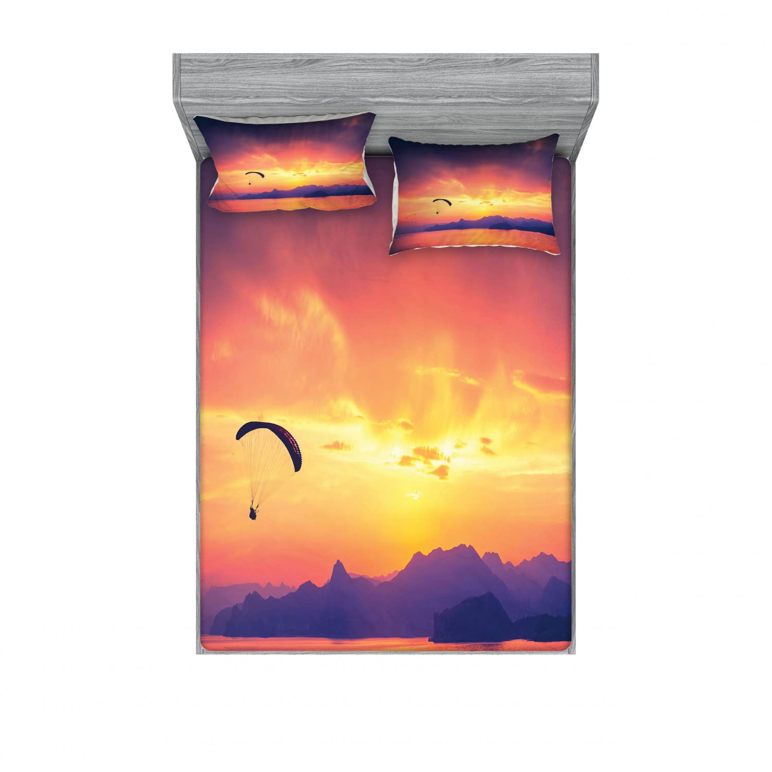 Ambesonne 2-Pack Queen Size Fitted Sheets & 4 Pillow Shams Set - Paragliding Sunset Design, Orange Sports Themed Bedding Decor for Guest Room, Dorm, RV - Soft Microfiber 4-Piece Bed Sheet Set for Comfortable Sleep