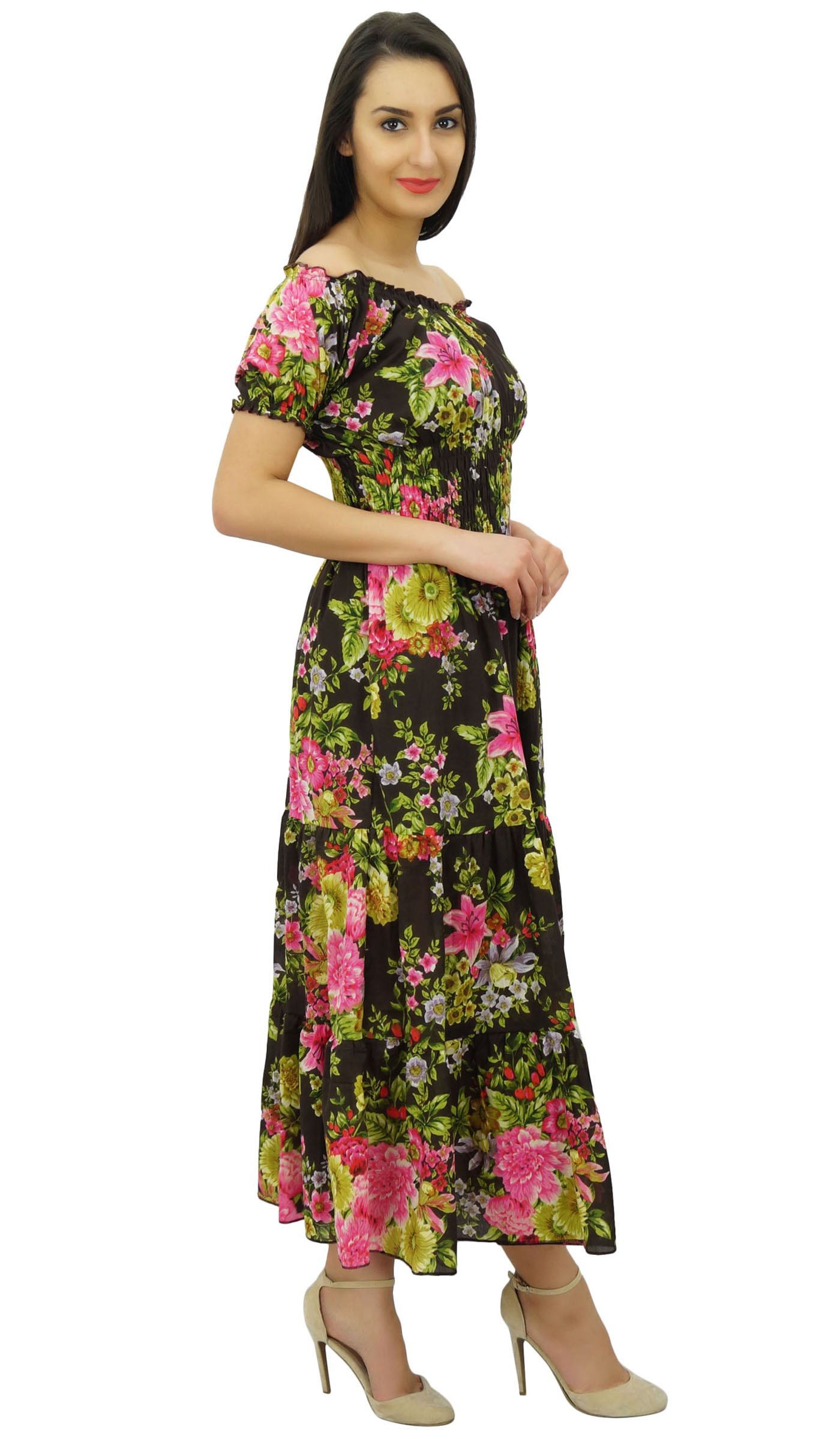 Bimba Women's Printed Off-Shoulder Party Dress with Smocked Waist & Flared Maxi Skirt - Perfect for Evening Events, Weddings & Summer Vacations
