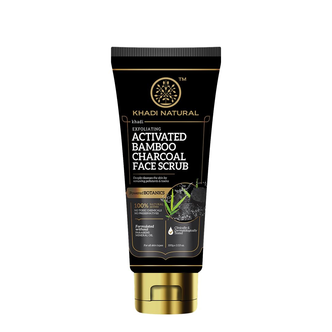 Khadi Natural Activated Bamboo Charcoal Face Scrub - Exfoliating & Deep Cleansing for Acne, Blackheads & Oily Skin | Organic Botanicals | Perfect for Daily Skincare Routine & Spa Days