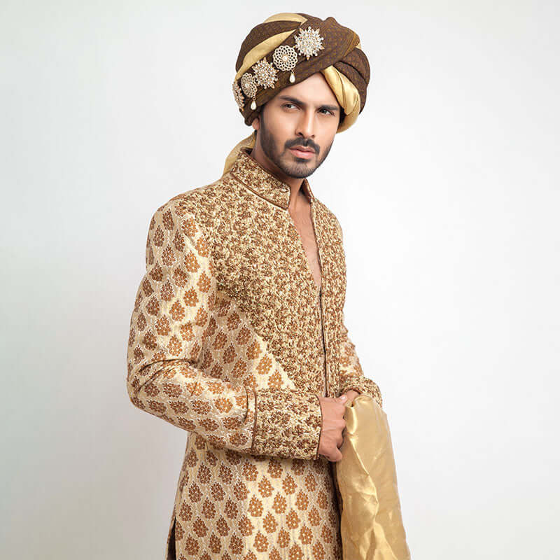 Antique Gold Brocade Silk Sherwani for Men | Elegant Indian Wedding Attire | Perfect for Groom Outfits, Festive Occasions & Cultural Celebrations