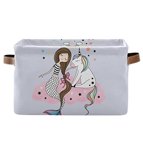 Little Unicorn Mermaid Rectangular Storage Basket - Collapsible Nursery Organizer with Leather Handles for Baby Clothes, Toys & Laundry | Perfect for Nursery, Playroom & Bathroom Organization