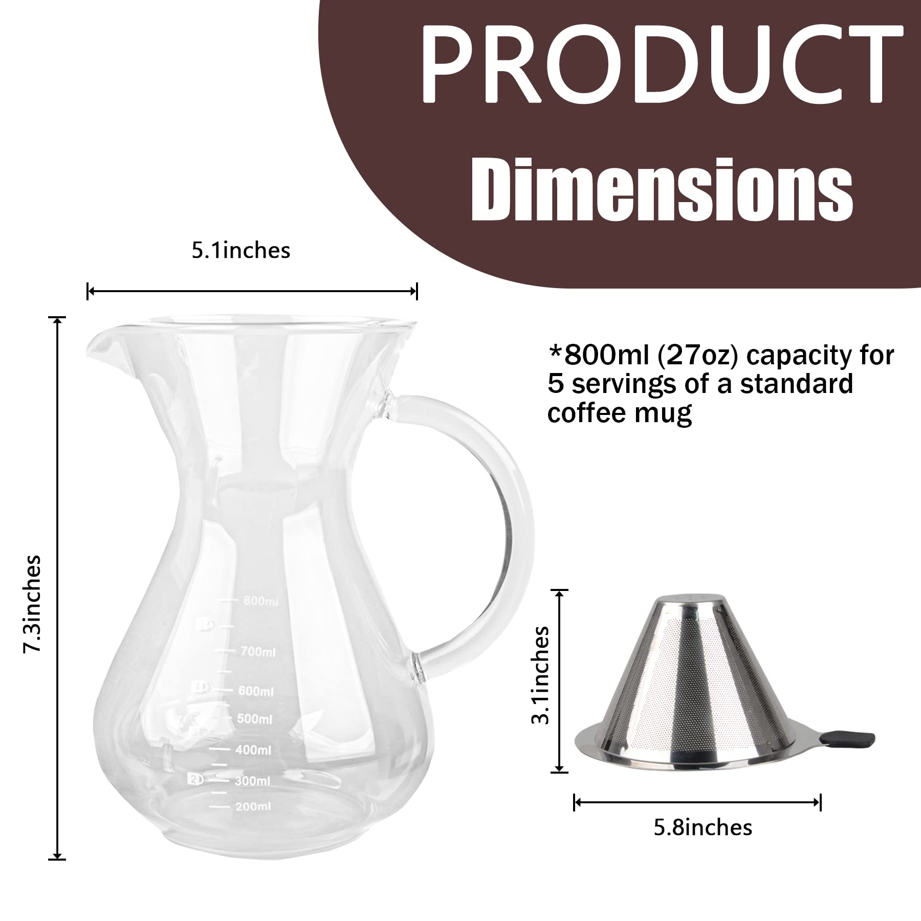 Premium Pour Over Coffee Maker with Reusable Stainless Steel Filter - 800ml BPA-Free Glass Carafe for Home & Office Use - Ideal for Specialty Coffee Brewing & Gift Giving