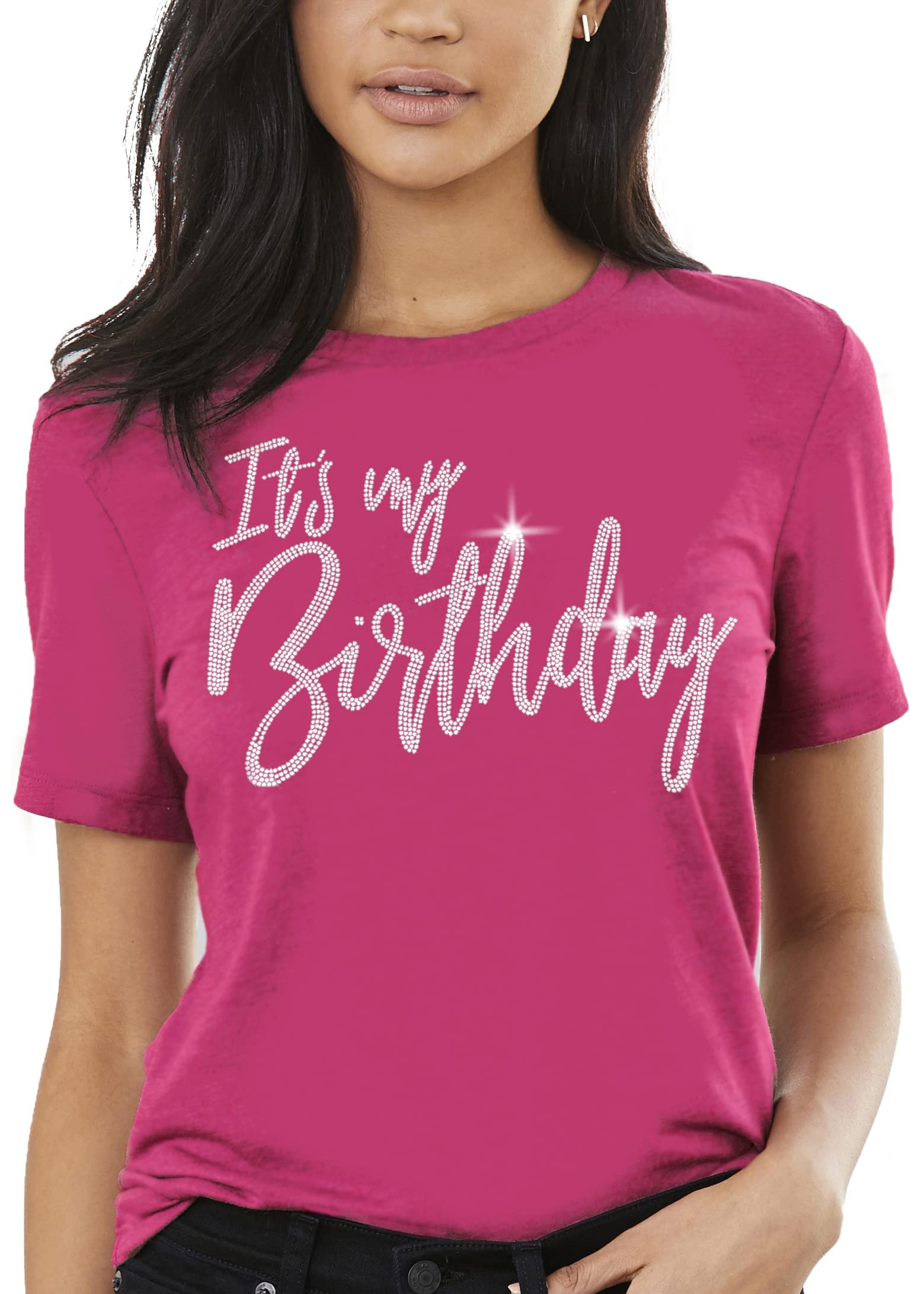 Sparkling Pink Birthday T-Shirt for Women | Real Crystal Rhinestone Magenta Blouse | Elegant Hot Pink Party Top | Perfect for Birthday Celebrations, Girls' Night Out & Special Occasions
