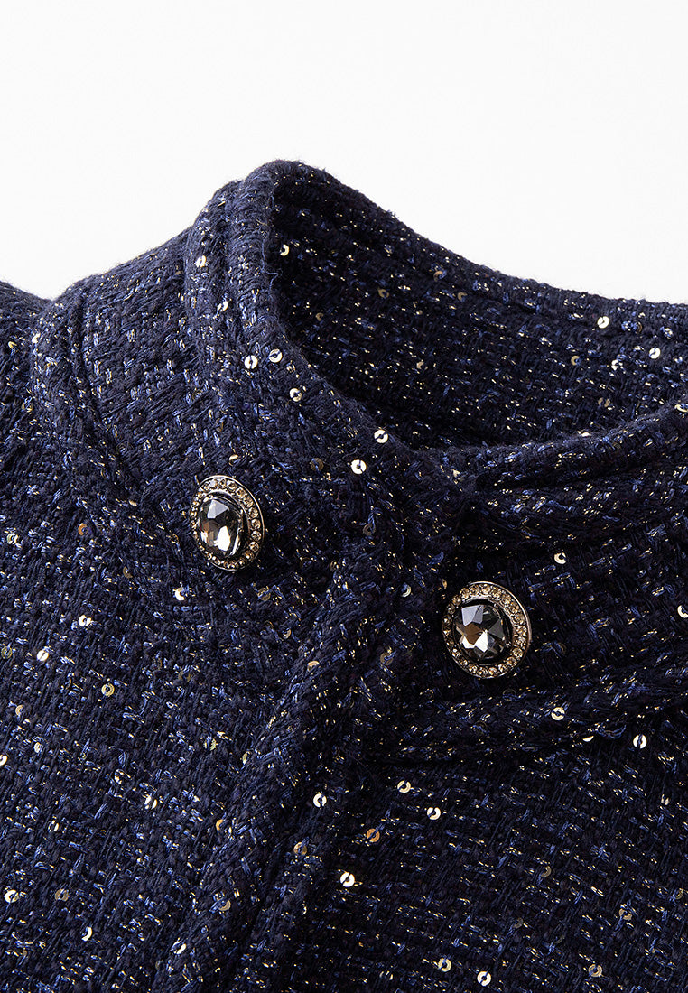 Elegant Stand Collar Sequin Lurex Coat with Concealed Fastening - Perfect for Evening Parties & Winter Fashion