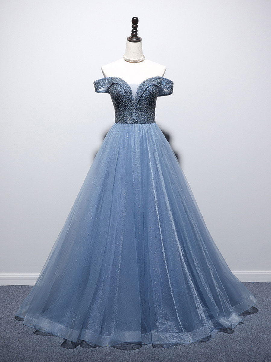 Elegant Blue Sweetheart Neckline Tulle Beaded Off-Shoulder Long Prom Dress for Homecoming, Formal Dances & Special Occasions