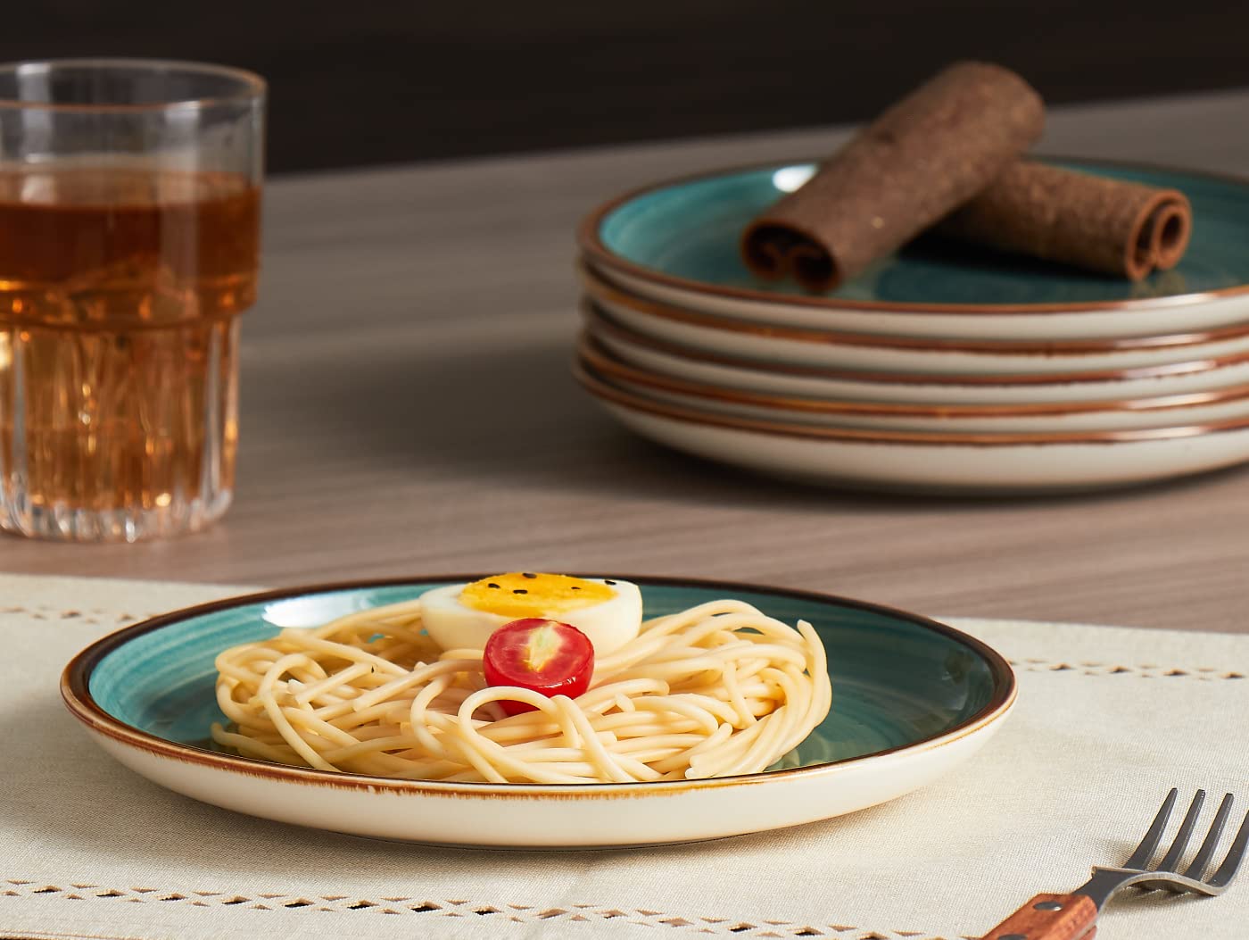 ONEMORE 6-Piece Ceramic Dinner Plates Set - 8.5 Inch Stoneware Appetizer, Salad & Dessert Plates - Oven, Microwave & Dishwasher Safe - Stackable Rustic Kitchen Porcelain Dishes in Teal - Perfect for Family Dinners, Parties & Restaurant Use