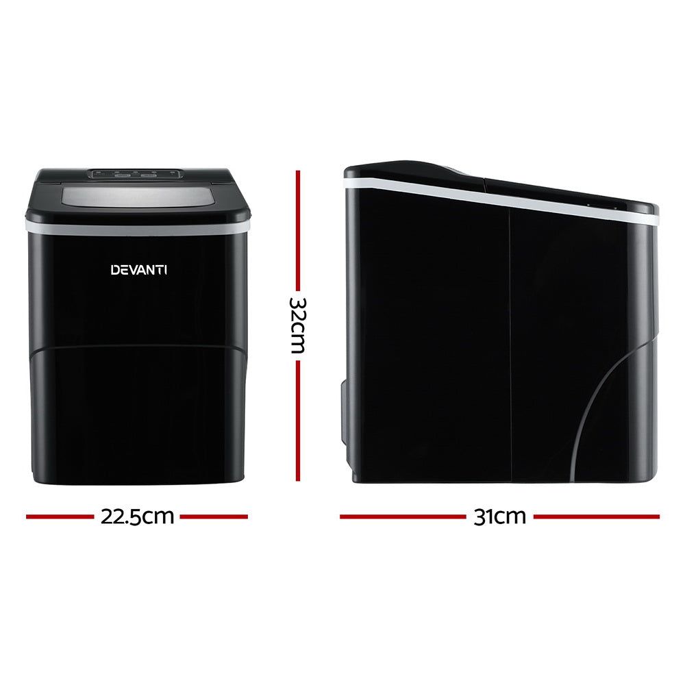 DEVANTi Portable Ice Cube Maker Machine 2L Countertop - Fast 9-Minute Ice Production for Home, Bar, Office & RV - Compact Black Design with Easy Operation & Low Noise
