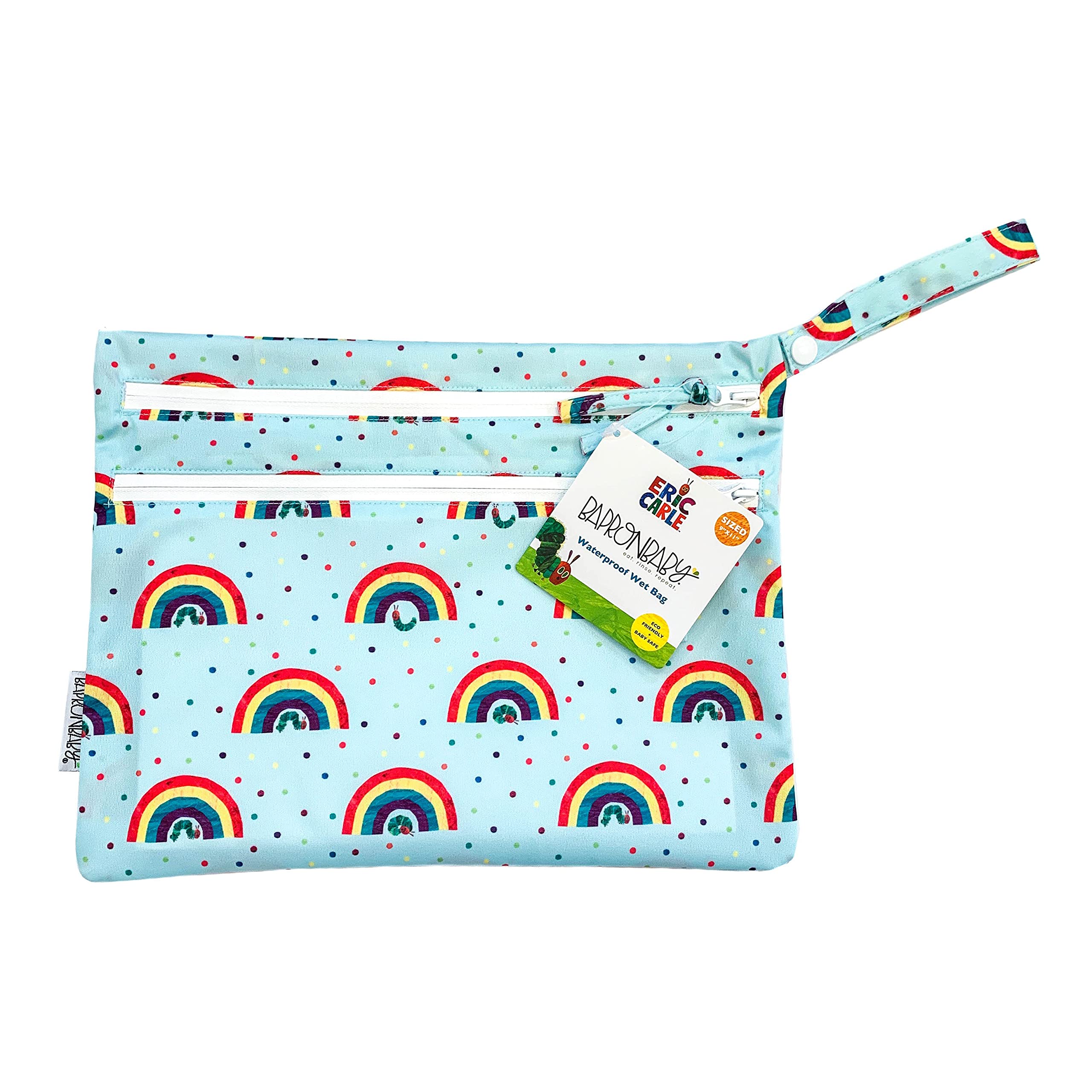 BapronBaby Eric Carle Rainbow Caterpillar Wet Dry Bag - Waterproof Reusable Storage with 2 Zipper Pockets for Diapers, Swimsuits, Snacks & Baby Essentials - 11