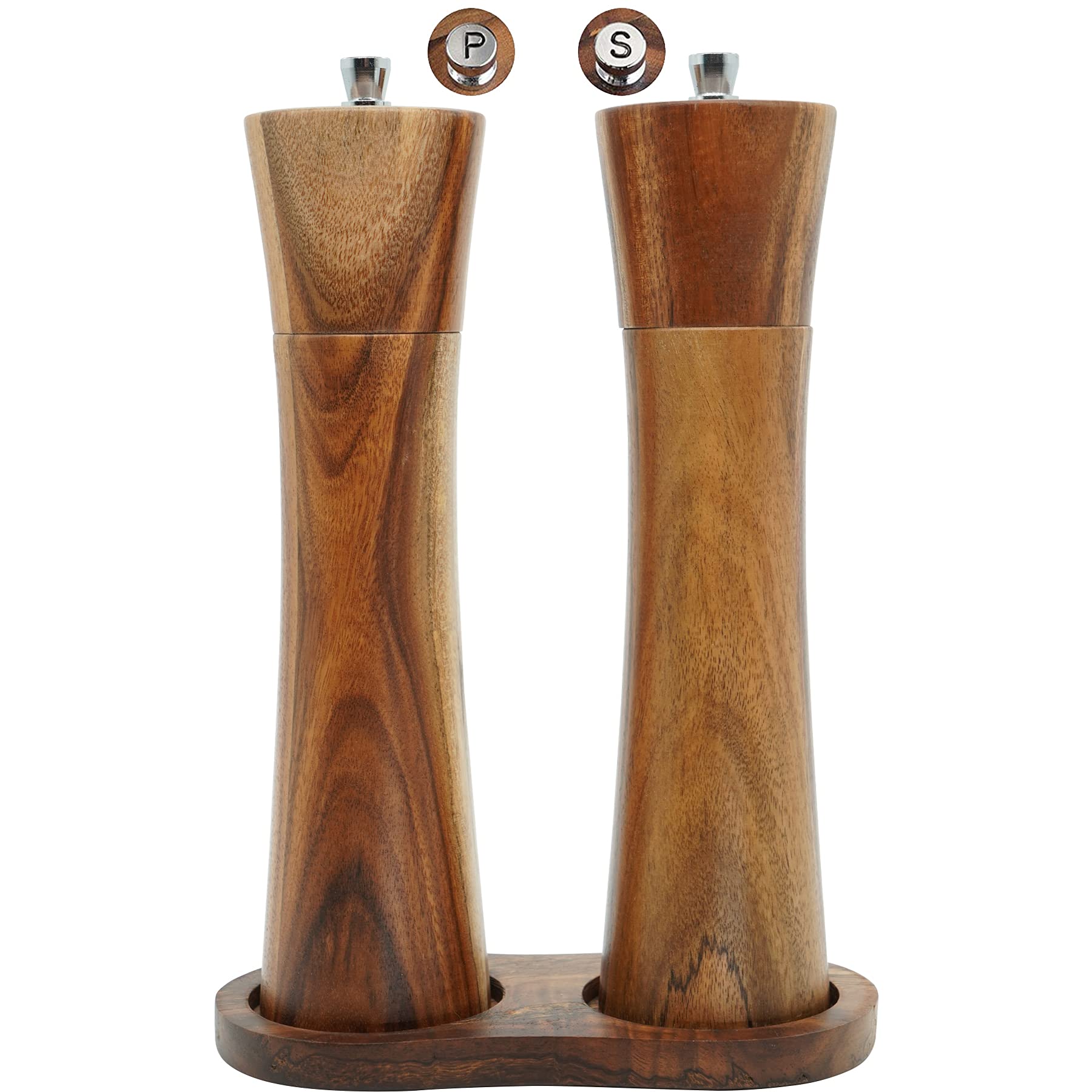 Premium Acacia Wood Salt and Pepper Grinder Set with Tray - Adjustable Ceramic Rotor for Coarse to Fine Seasoning - 8 Inch Kitchen Essential for Cooking & Dining - Perfect Gift for Parents & Home Chefs