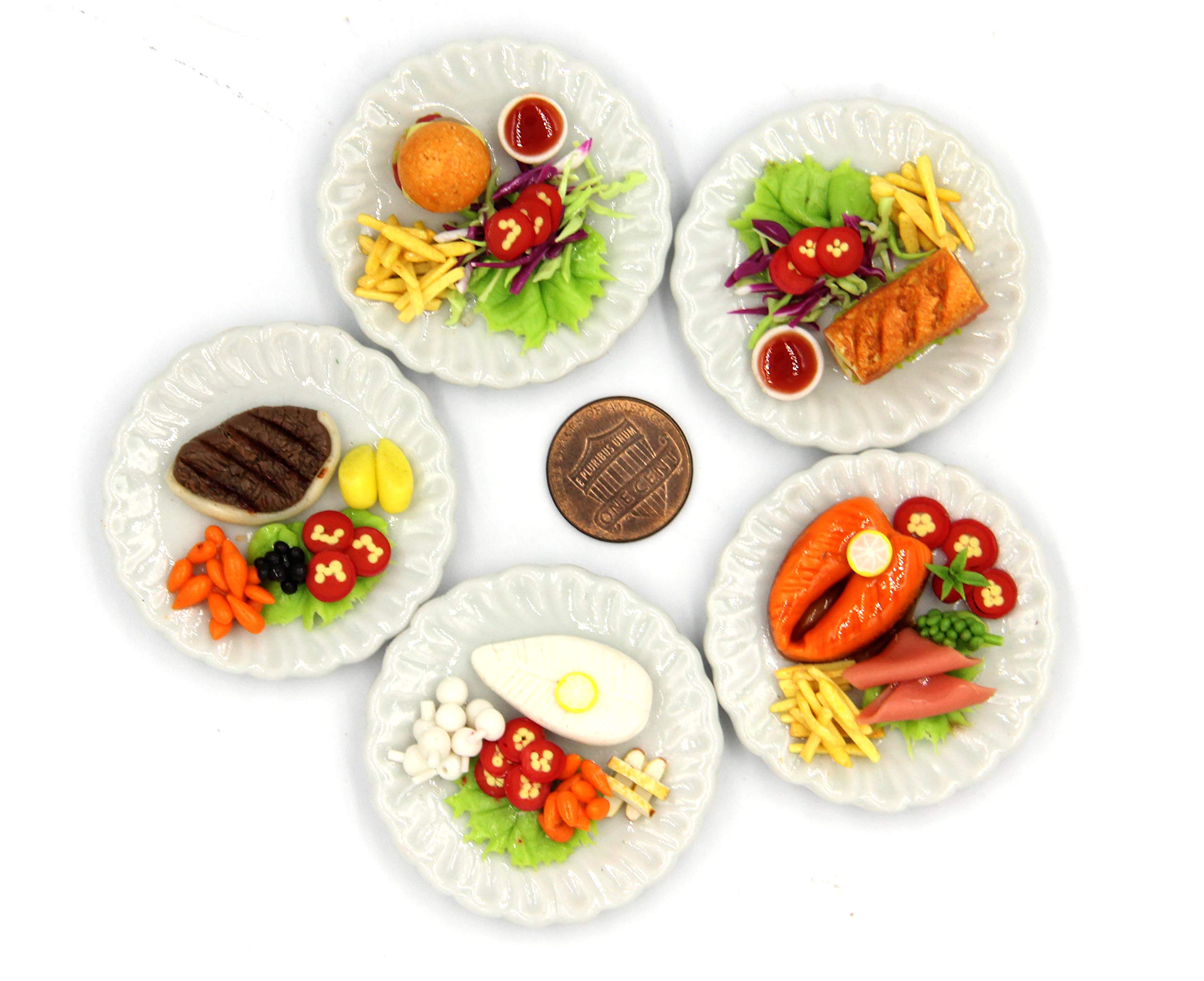 5-Piece Assorted Dollhouse Miniature Food Set - Tiny Collectible Mini Foods Including Berger Breakfast & Beefsteak Salmon Steak - Perfect for Dollhouse Decor, Miniature Displays & Collectors
