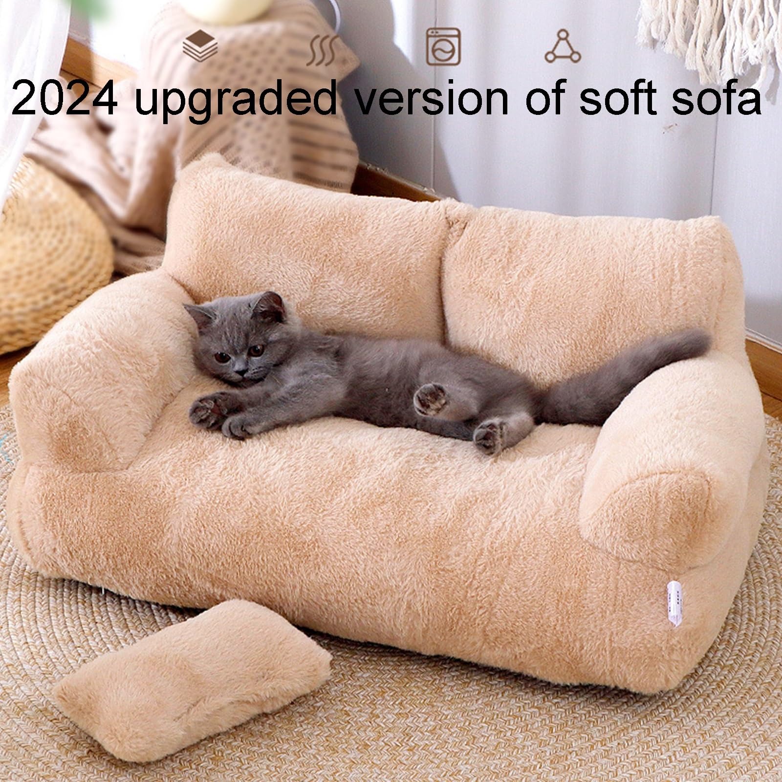 Premium Plush Dog Couch Bed - Ultra Soft Calming Pet Sofa for Small & Medium Dogs & Cats | Washable Removable Cover | Beige Large Size | Perfect for Living Room, Bedroom & Pet Napping Areas