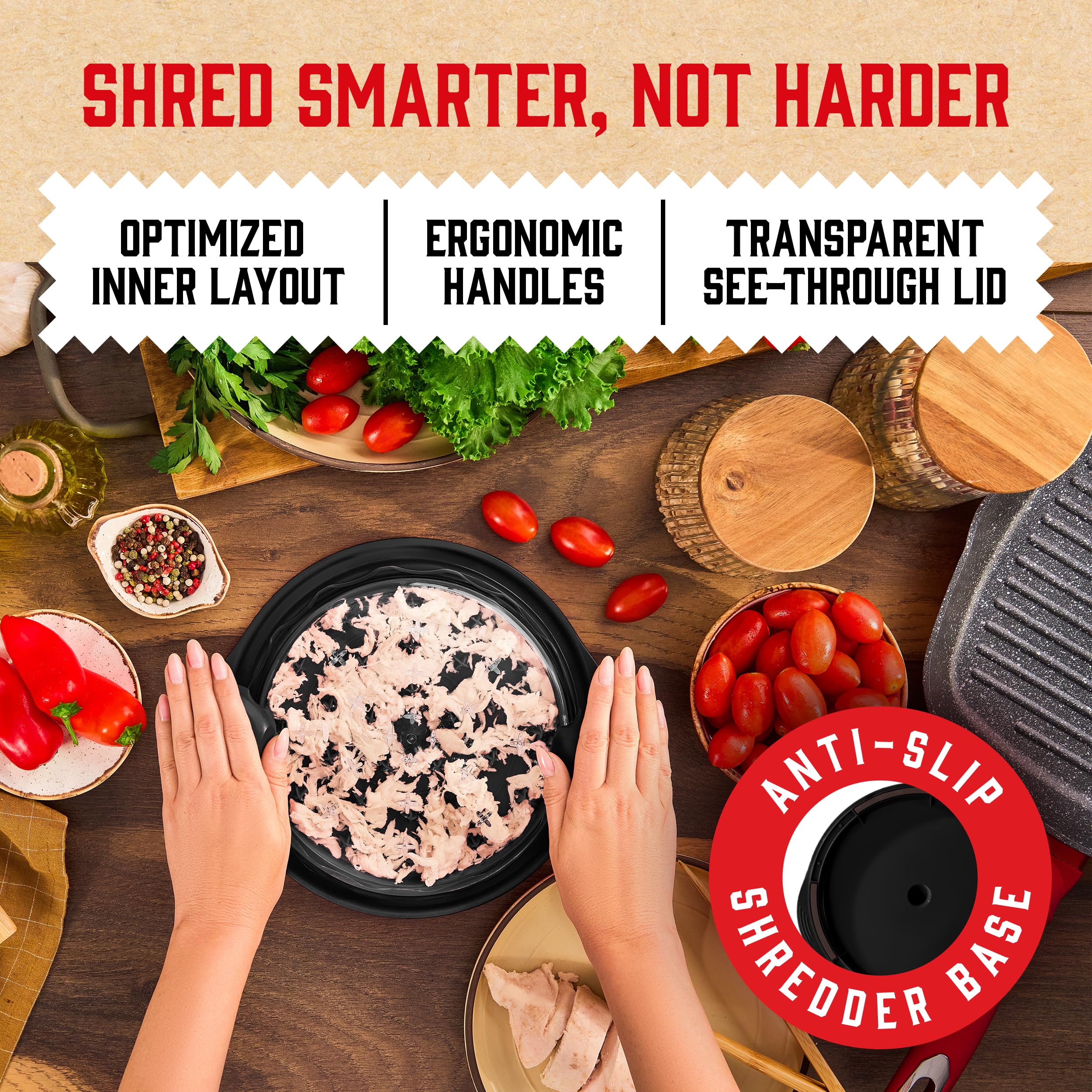 Premium Chicken Shredder Tool with 6 Freezer Bags - 20 oz Hardened Steel, Anti-Slip Grip & Clear Lid - Safer Than Knives Meat Shredder for Pulled Pork, Chicken & Beef - Dishwasher Safe - Perfect for BBQ, Meal Prep & Kitchen Cooking