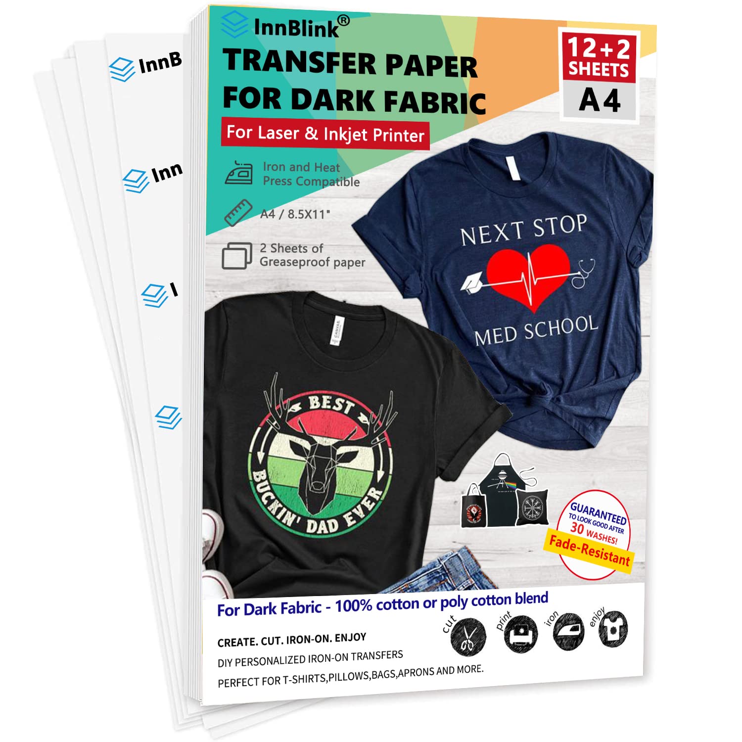 Premium Iron-On Heat Transfer Paper for Dark Fabric - 12 Sheets (8.5