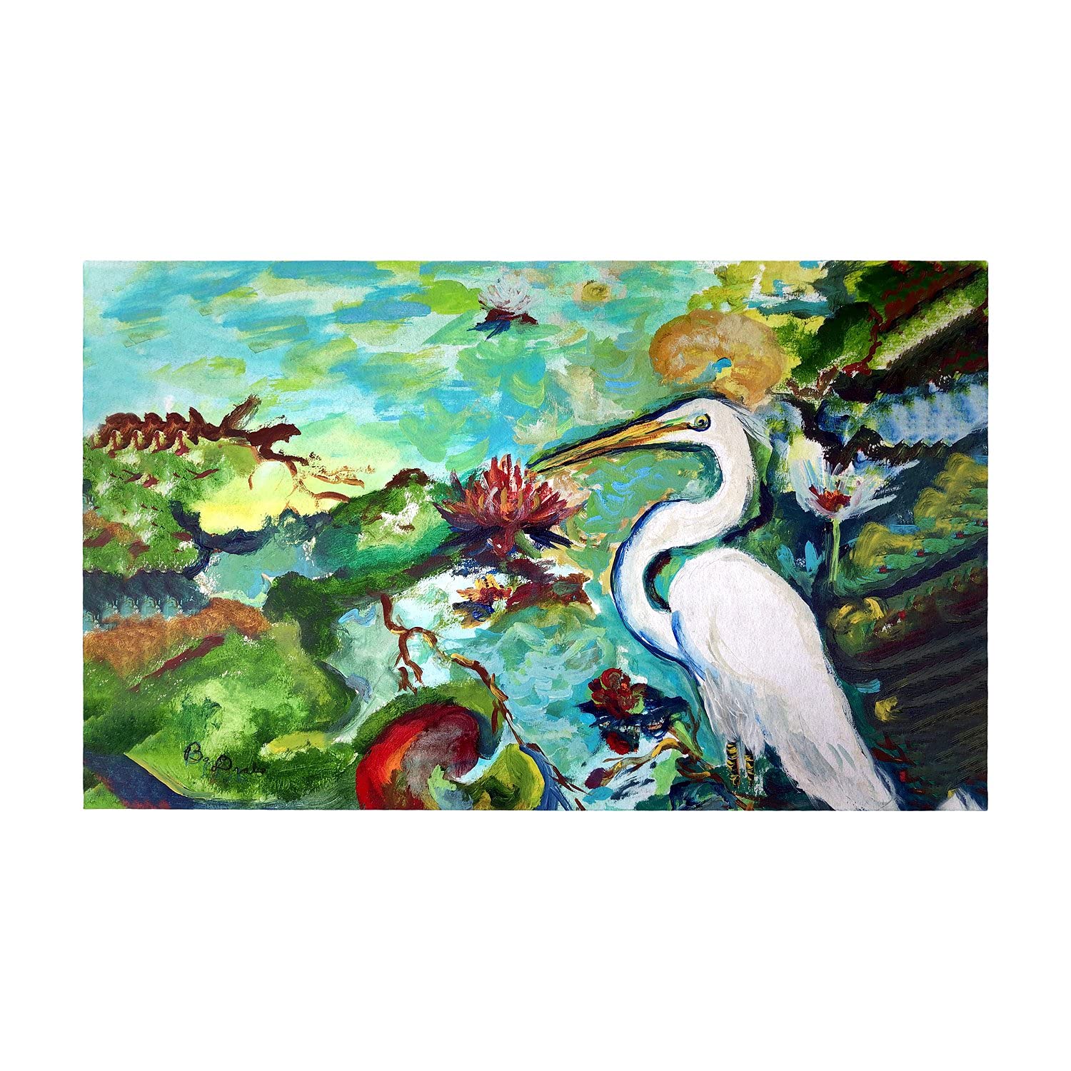 Betsy Drake Egret and Waterlilies Large Non-Slip Door Mat - Perfect for Entryway, Front Porch, and Home Decor