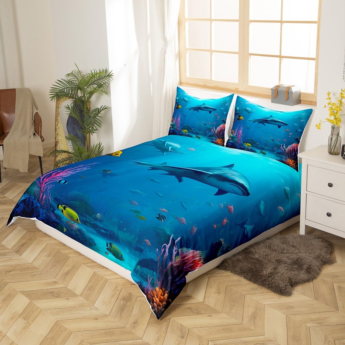 **Shark Bedding Set for Kids - Twin Size Blue Hawaiian Duvet Cover, Fish & Turtle Themed Ocean Bedspread | Ultra-Soft Brushed Microfiber Beach Decor Quilt Cover with Ties | Perfect for Boys' & Girls' Bedrooms, Underwater Themed Rooms**