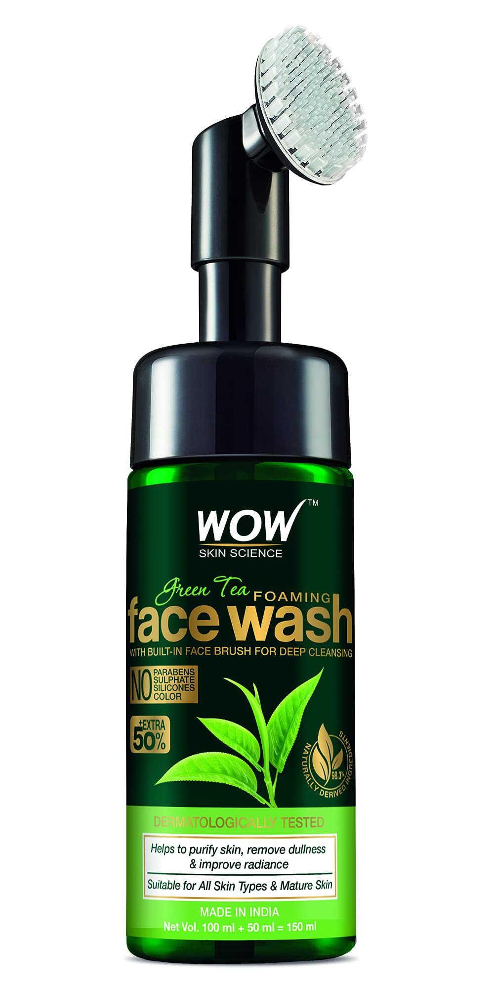 WOW Skin Science Green Tea Foaming Face Wash with Built-In Face Brush - Acne Treatment & Pore Cleanser for Clear Skin - 150mL | Daily Deep Cleansing for Oily & Combination Skin