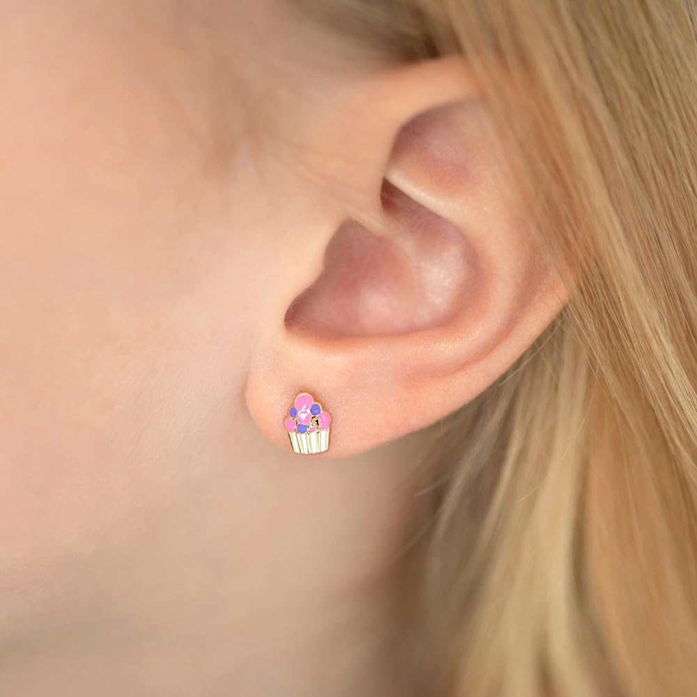 14k Yellow Gold Colorful Enamel Cupcake Screw Back Earrings for Toddlers & Girls - Cute Kids Jewelry Gift for Birthdays & Parties | Hypoallergenic, Comfortable & Fashionable