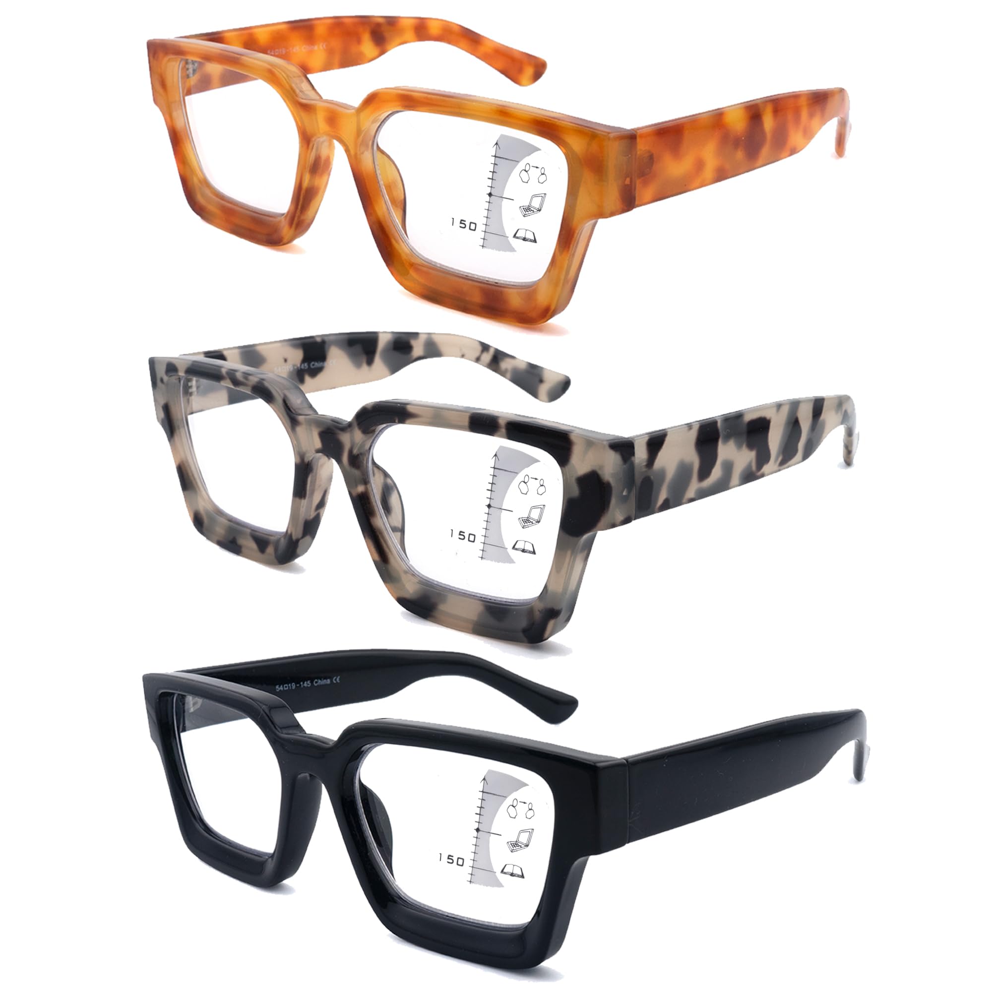 3 Pack Women's Retro Square Progressive Multifocal Reading Glasses - Blue Light Blocking Computer Glasses for Work, Reading & Screen Time