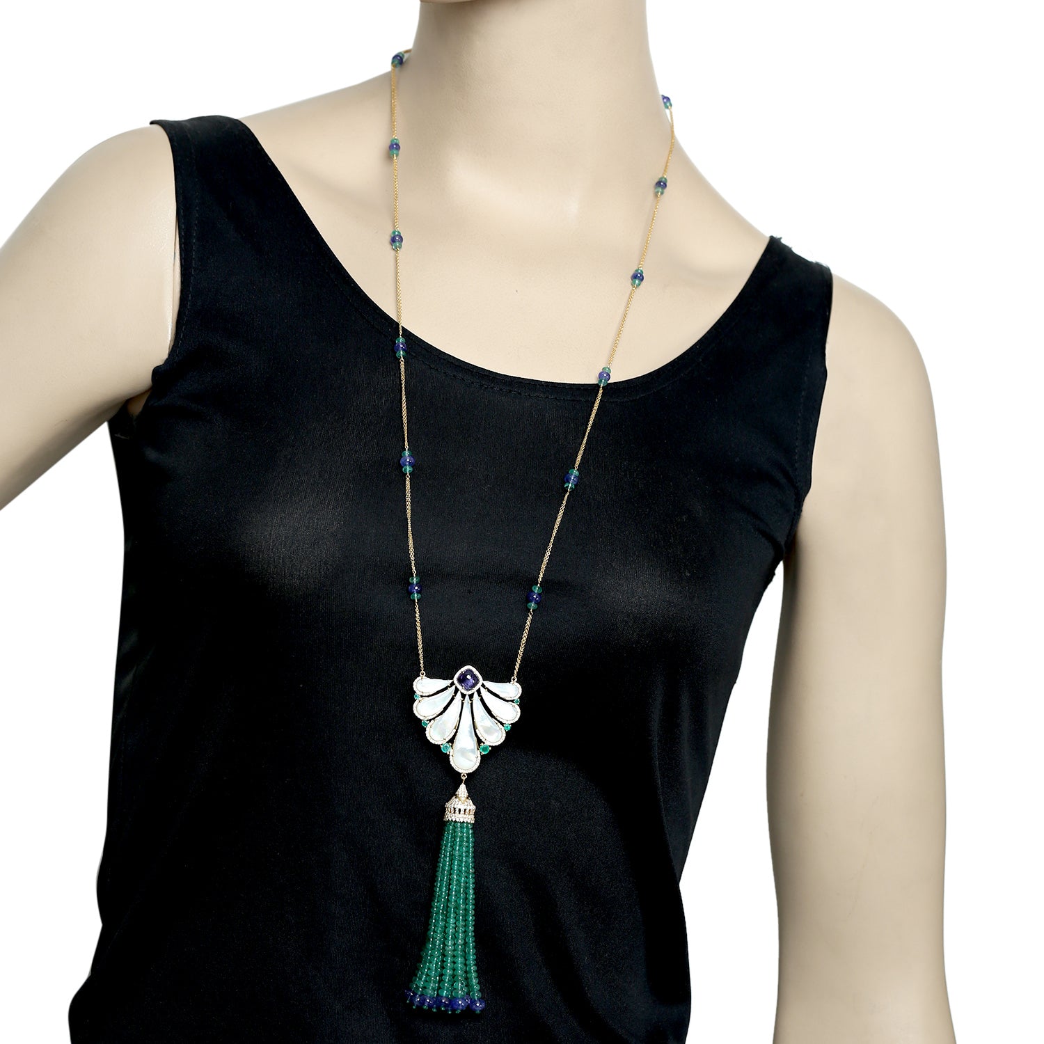 Handmade MOP Tanzanite Emerald Beads 18k Yellow Gold Rope Lariat Necklace for Women | Elegant Statement Jewelry for Parties, Weddings & Special Occasions