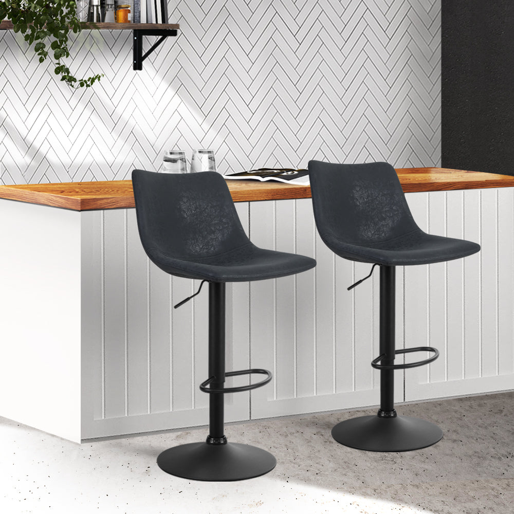 Vintage Leather Swivel Bar Stools with Gas Lift - Set of 2 Black Counter Height Stools for Kitchen Island, Breakfast Bar & Home Decor