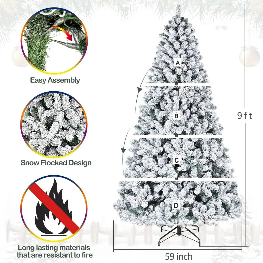 6.5'/7.5'/9' Flocked Artificial Christmas Tree with Pine Cones & Metal Stand - Hinged Branches for Easy Setup - Perfect for Living Room, Office, or Holiday Decorations