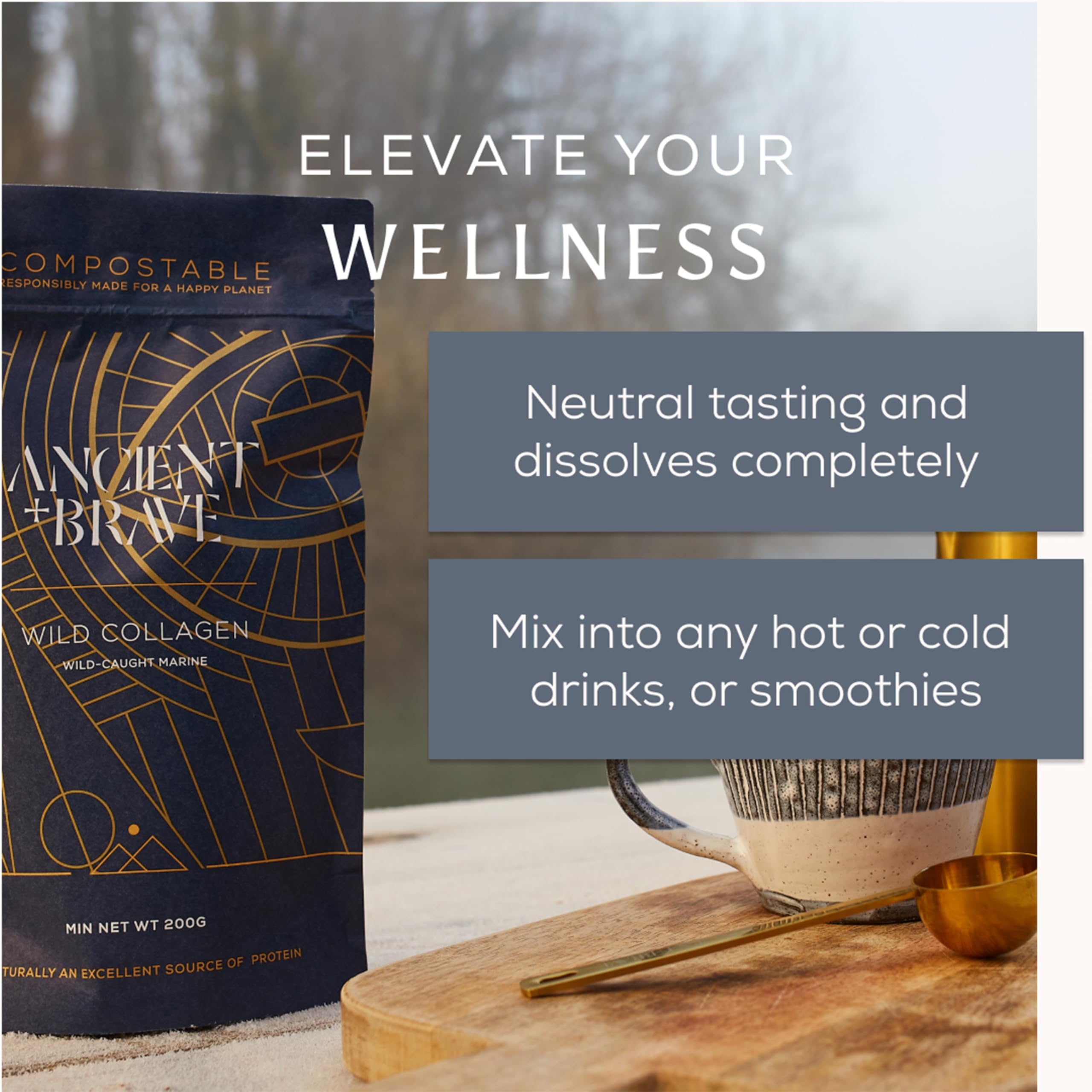 Ancient + Brave Wild Collagen Powder 200g - Pure Hydrolyzed Marine Collagen Peptides (Fish) for Women - High Protein Supplement - Halal Certified - Compostable Eco-Friendly Packaging - Supports Skin, Hair & Joint Health - Perfect for Smoothies, Coffee & Baking