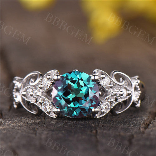 Vintage Floral Alexandrite Engagement Ring 14K White Gold Diamond Wedding Band for Women - Perfect for Proposals, Anniversaries & Bridal Jewelry Gifts