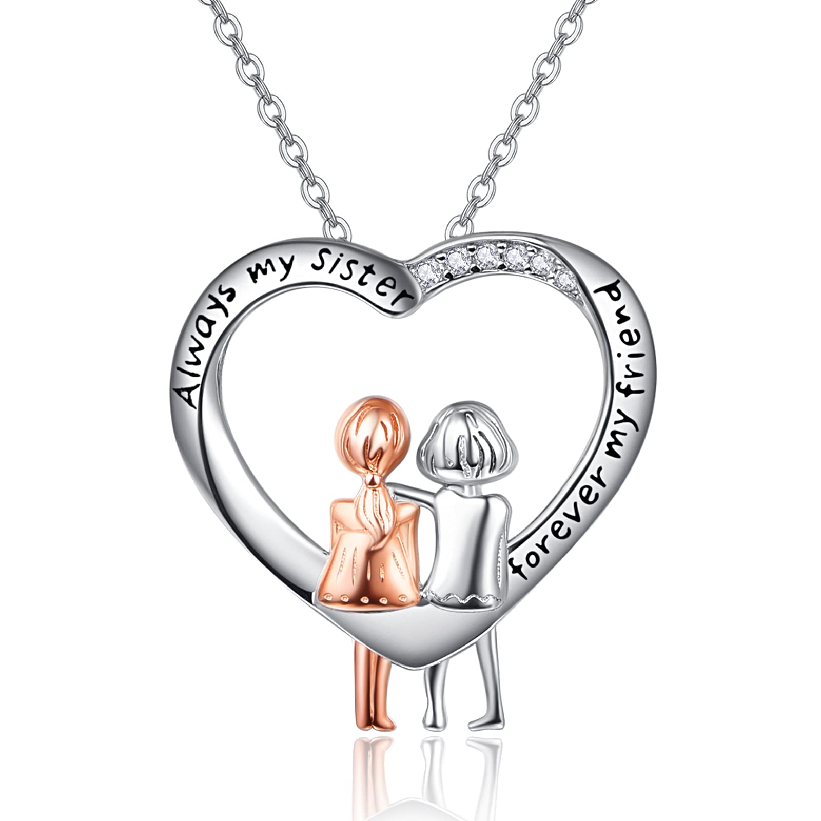 Sterling Silver Sister Necklace 'Always My Sister Forever My Friend' - Heart Shaped Friendship Jewelry for Women & Girls - Perfect Birthday Gift for Best Friends, Sister Gifts, and Special Occasions