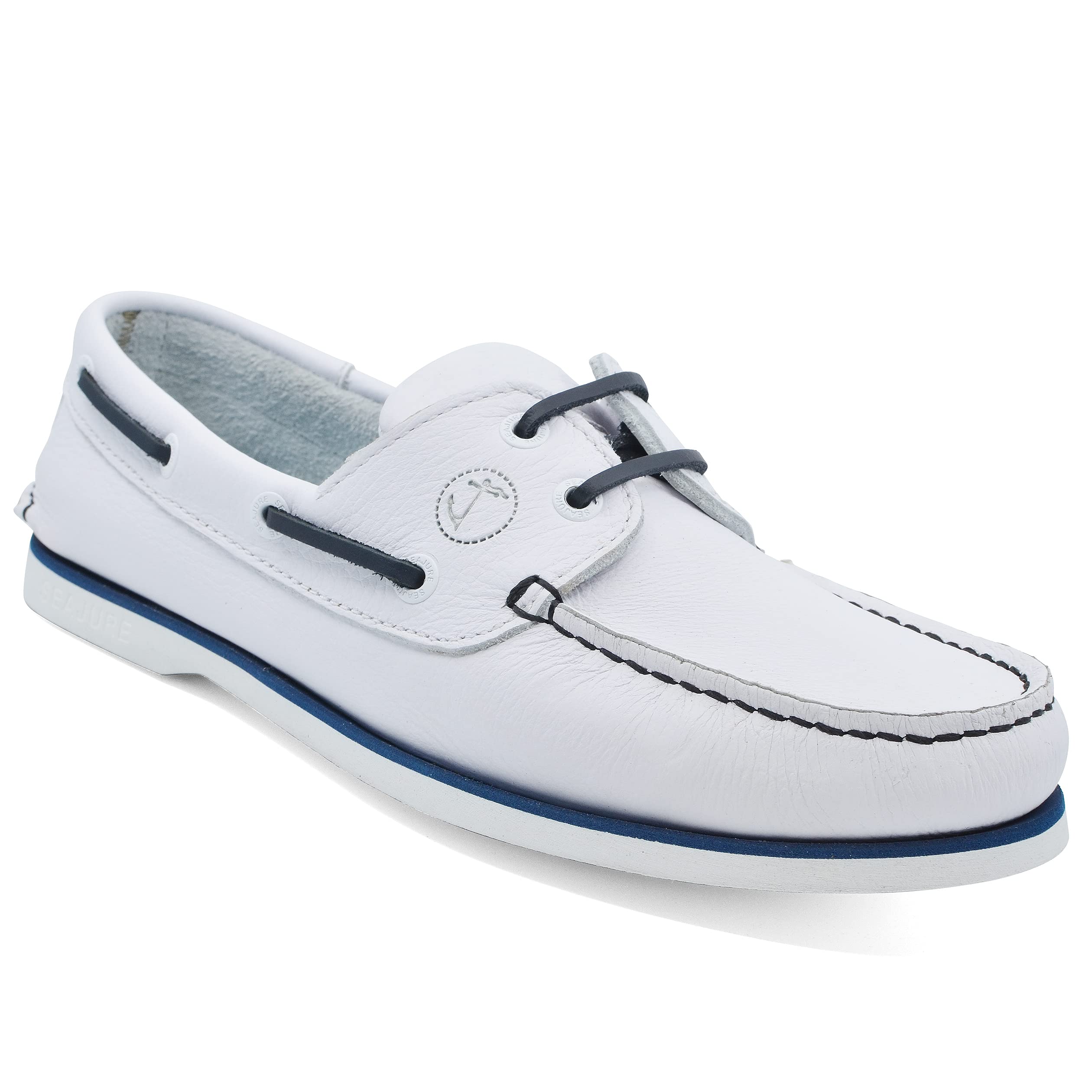 Seajure Men's Boat Shoes - White & Navy Blue Leather Deck Shoes for Casual Wear, Sailing, and Outdoor Activities