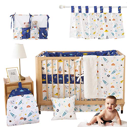 Brandream Boys Nursery Bedding Set - 11PCS Navy & White Space Theme Crib Bedding with Astronaut Rocket Planet Print, 100% Cotton Soft Baby Bedding for Outer Space Nursery Decor | Perfect for Newborns, Toddlers & Space-Themed Kids Rooms