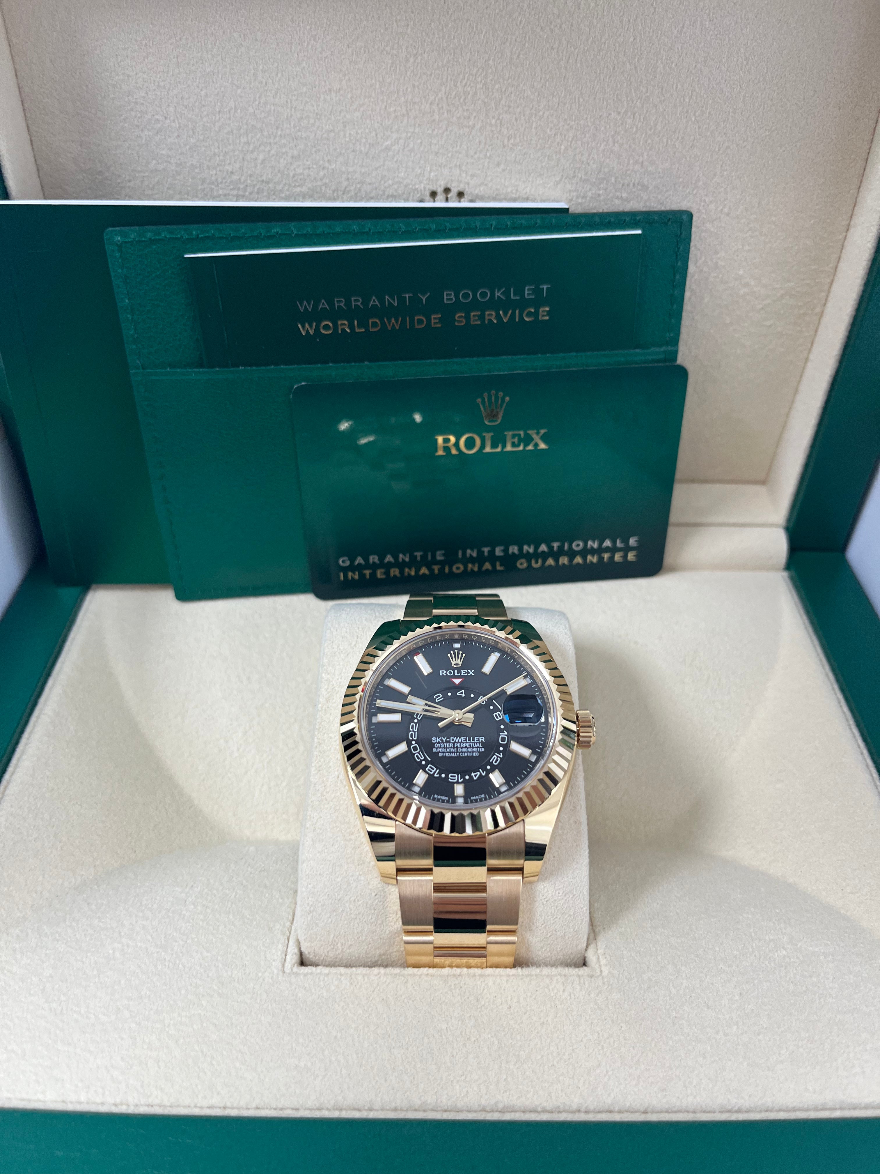 Rolex Sky Dweller 18K Yellow Gold Men's Watch with Black Index Dial & Oyster Bracelet (Ref# 326938) - Luxury Timepiece for Business, Travel & Special Occasions