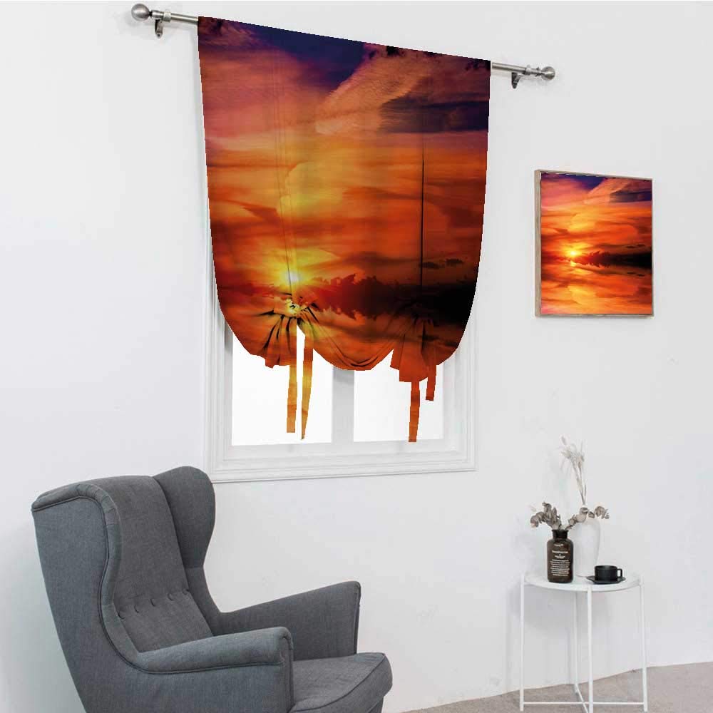 Nature Roman Shades for Windows - Dramatic Sunset Sky Clouds on Lake Horizon Twilight Artwork | Tie-Up Window Shade in Red Vermilion Marigold | 30