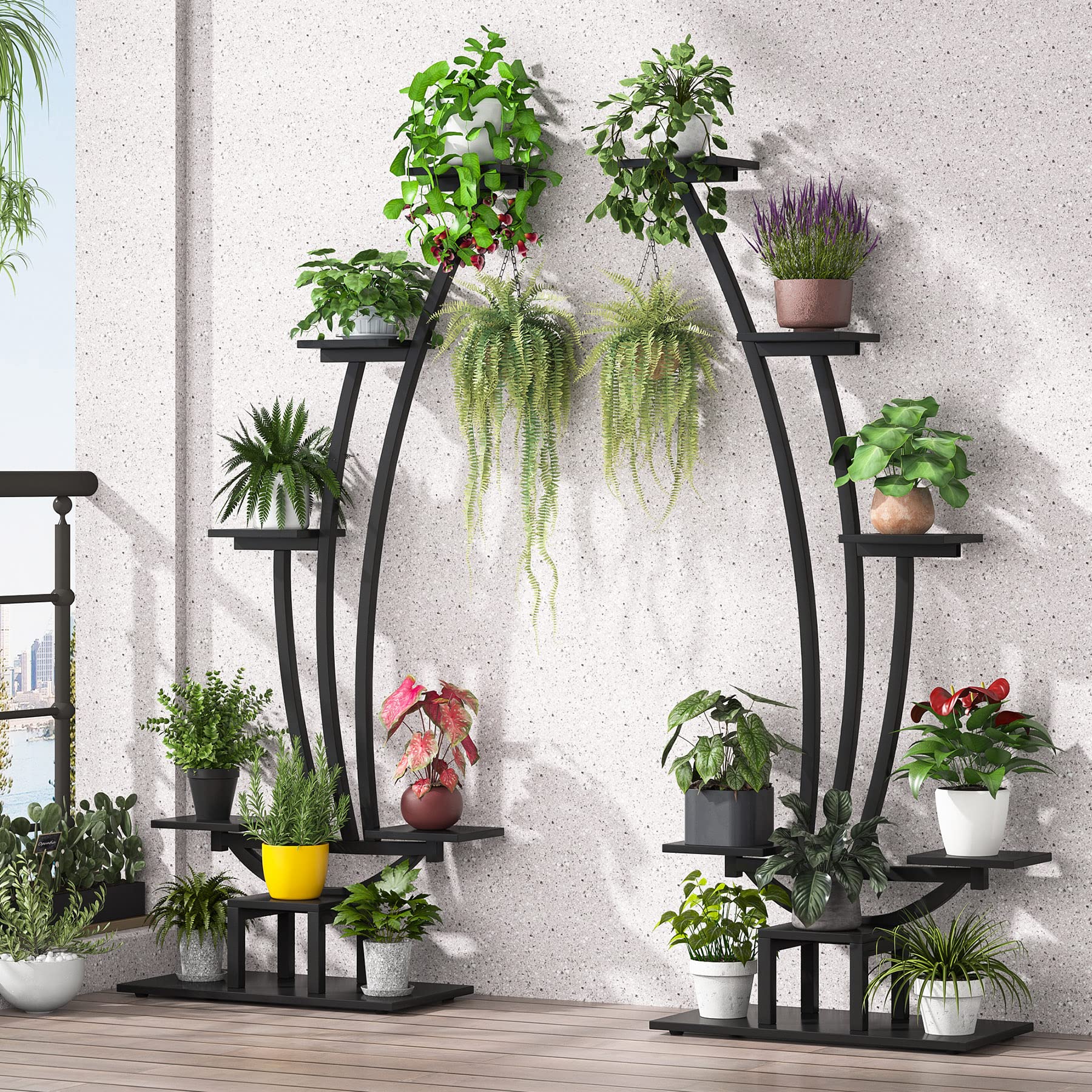Tribesigns 6-Tier Tall Indoor Plant Stand - Set of 2 Black Metal Curved Display Shelves with Hanging Hooks - Multi-Purpose Bonsai & Flower Pot Rack for Living Room, Garden, Balcony Decor - Perfect for Small Space Plant Organization & Home Decor Display
