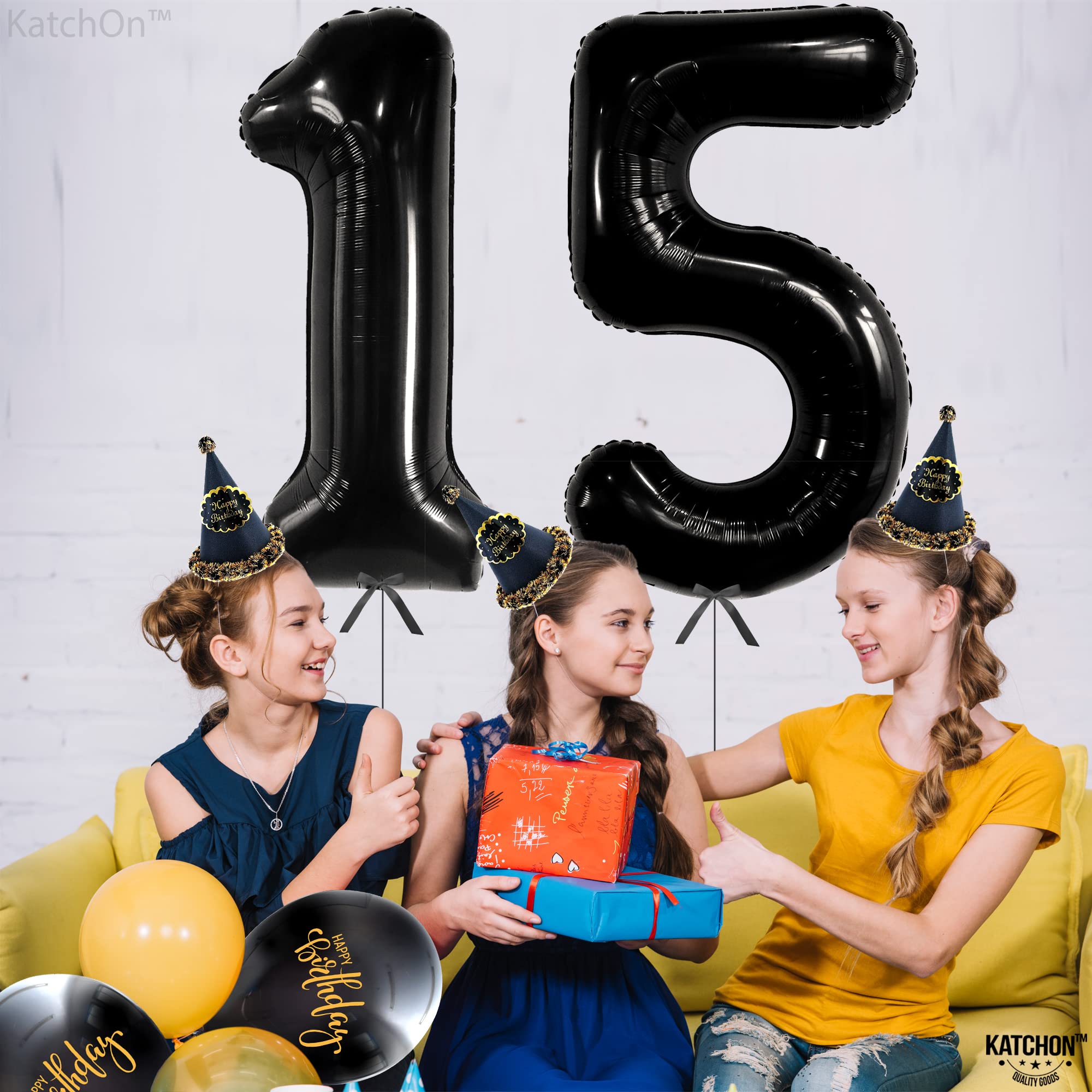 KatchOn Giant Black 15 Balloons - 40 Inch Large Number Balloons for 15th Birthday Party Decorations | Perfect for Boys Birthday, Sweet 16, Quinceañera & Anniversary Celebrations | Indoor & Outdoor Party Decor