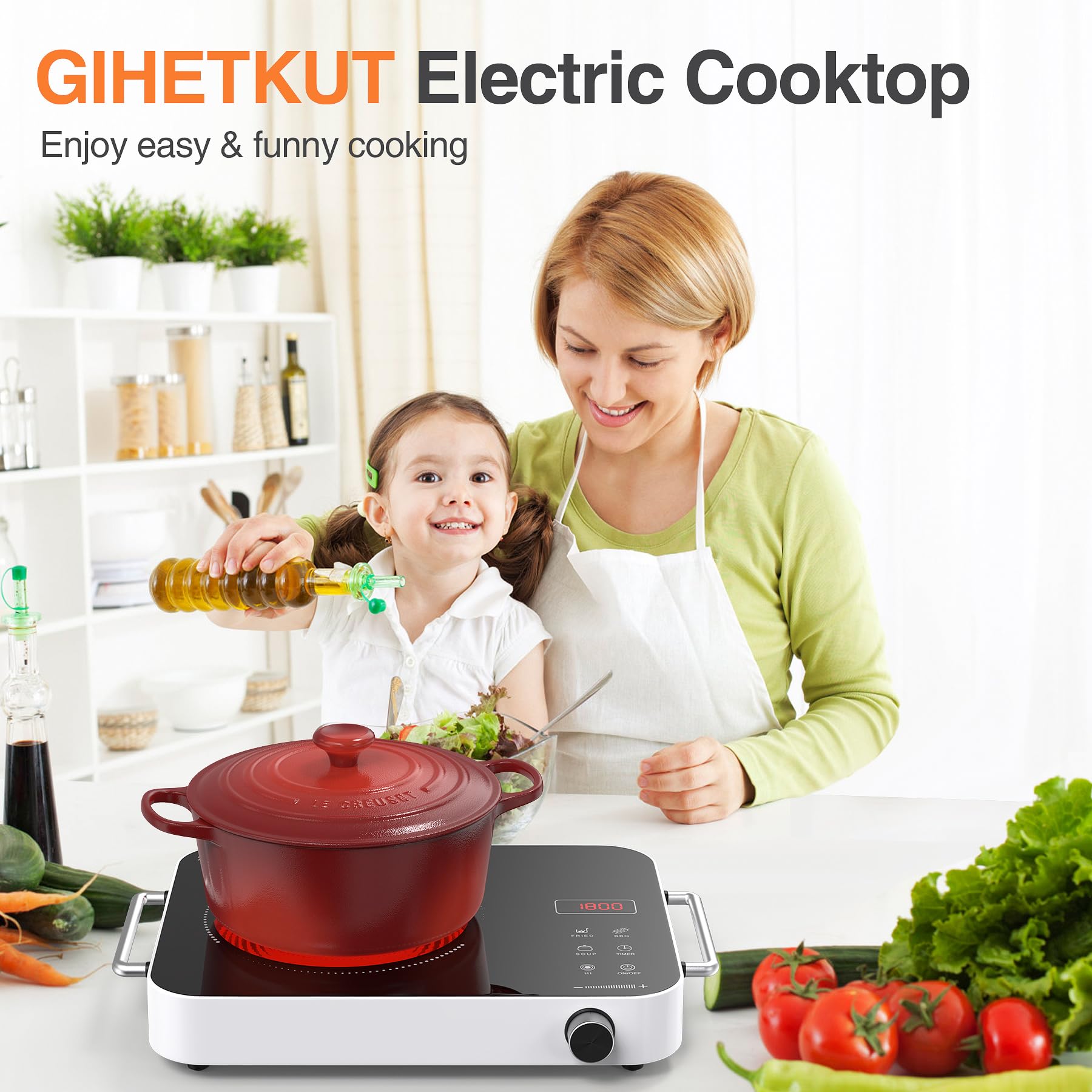 1800W Single Burner Electric Cooktop with Knob Control - Portable 110V Stove Top with Double Ring Heating, 2 Handles & 4-Hour Timer - Perfect for Dorm Rooms, Small Kitchens & RV Cooking