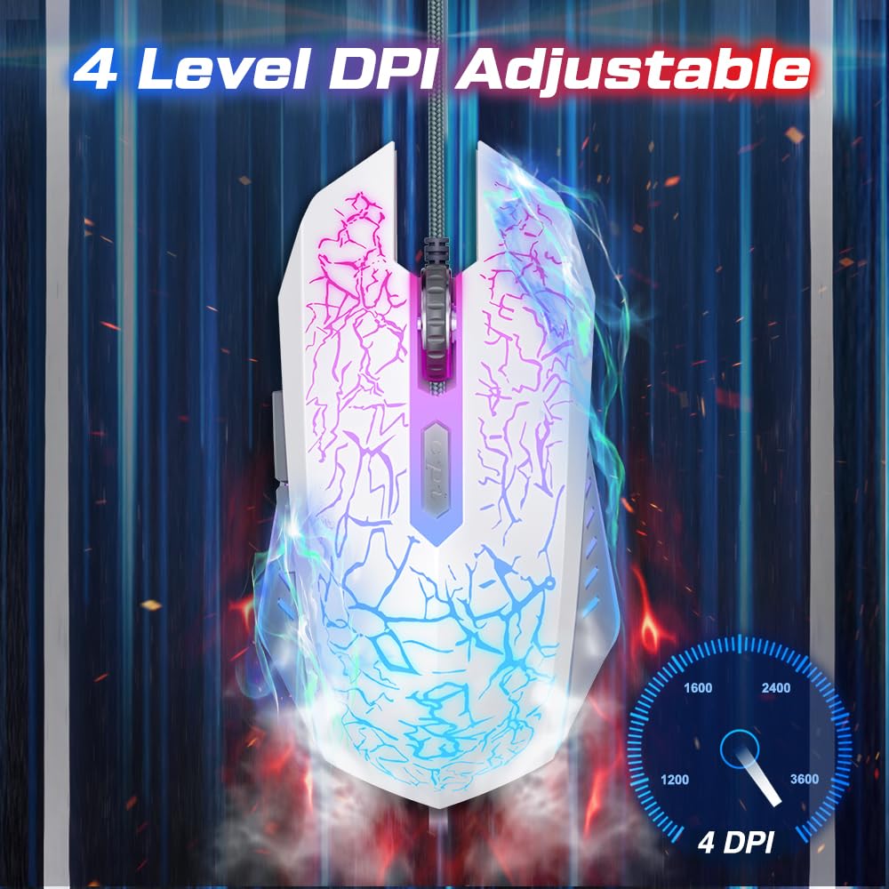 VersionTECH. Wired Gaming Mouse - Ergonomic RGB Backlit Mouse with 7 LED Lights, 6 Programmable Buttons & 4 Adjustable DPI for PC, Laptop, Chromebook, Mac - Perfect for Gaming, Office Work & Graphic Design (White)