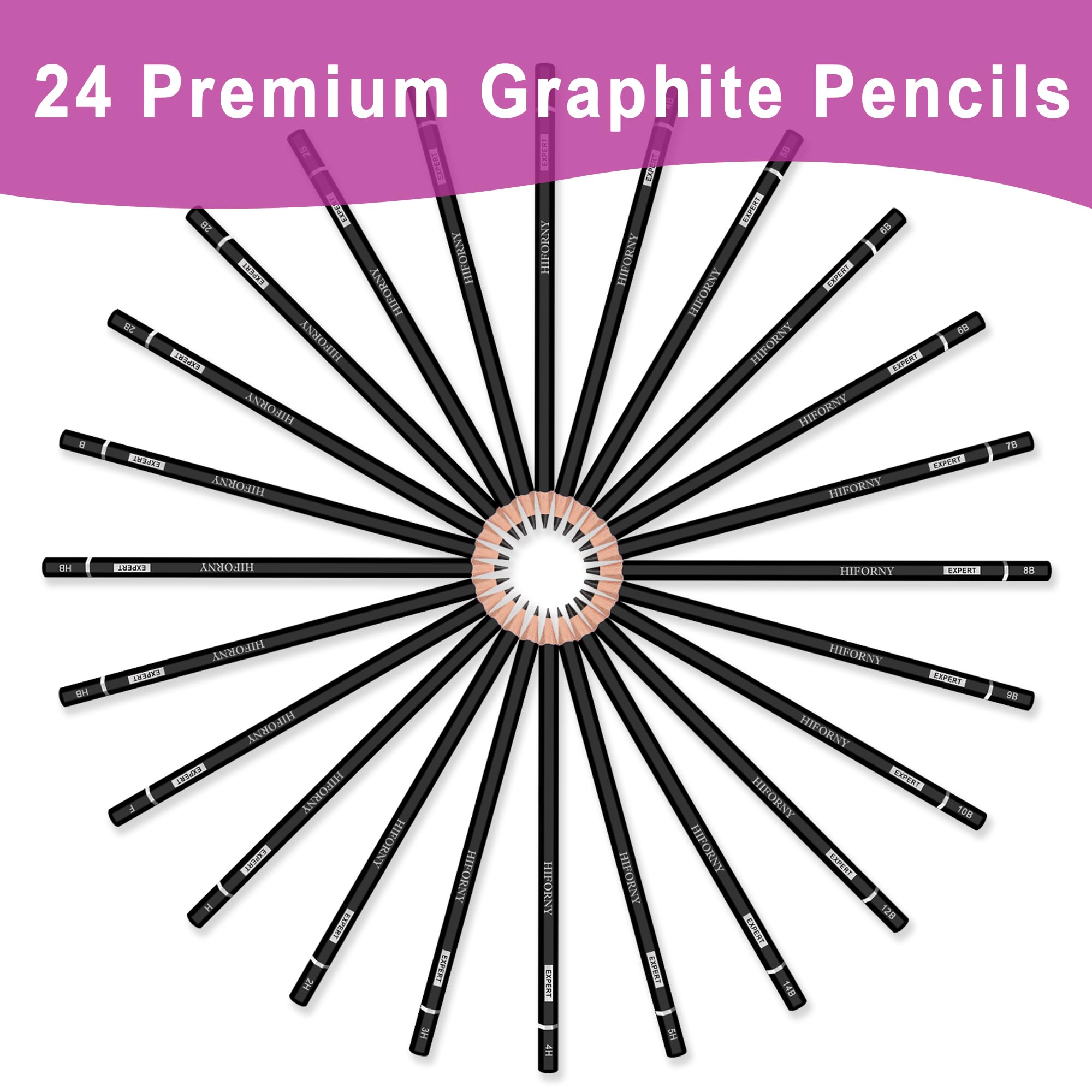 HIFORNY 24-Piece Professional Graphite Sketching Pencil Set (14B-5H) - 19 Grades Art Drawing Pencils for Sketching, Drafting & Shading - Perfect for Beginners, Artists & Students - Use for Portraits, Landscapes, Anime & Technical Drawings