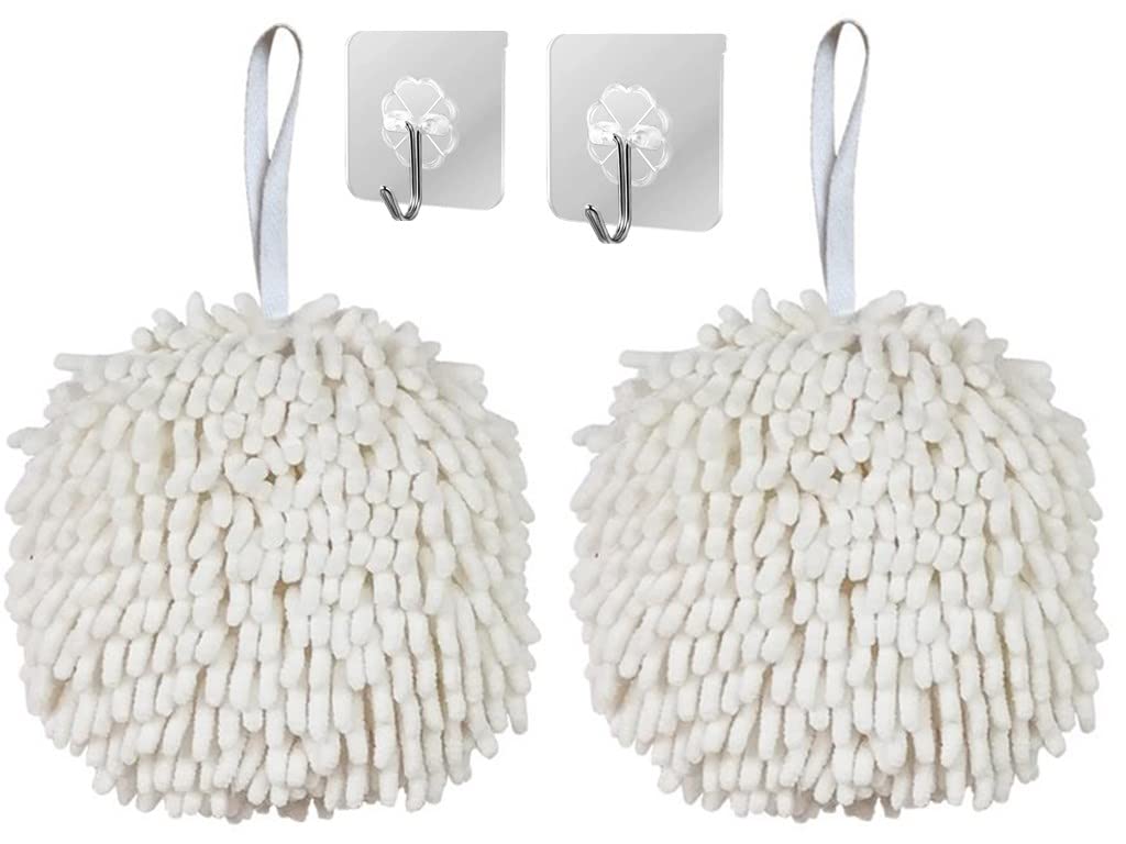 2 Pack IvyMei Chenille Hand Towels - Soft Absorbent Microfiber Kitchen & Bathroom Towels with Hanging Loop, Quick-Dry Cleaning Cloths (White) - Perfect for Dishes, Hands, and Countertop Cleaning