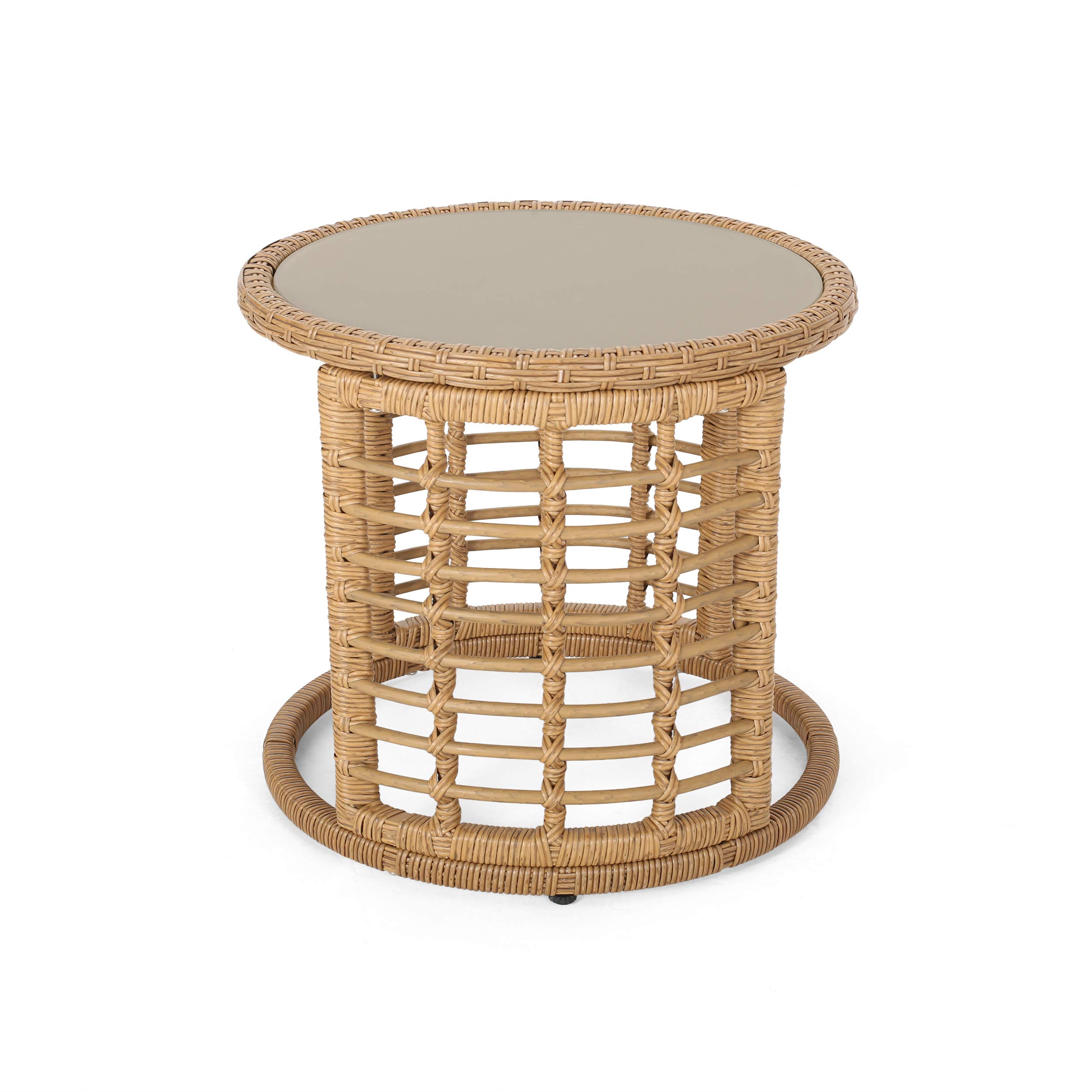 Modern Boho Wicker Side Table with Tempered Glass Top - Light Brown Indoor Furniture for Living Room, Bedroom & Patio Decor