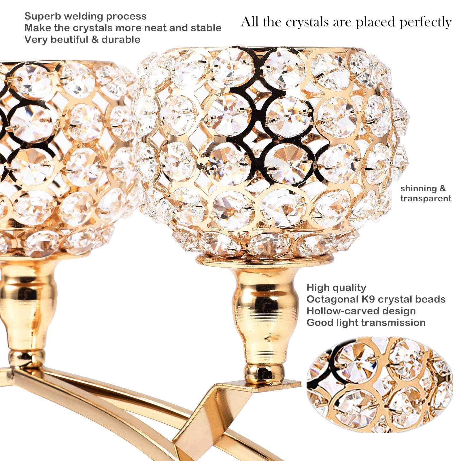 Gold Crystal Beaded 3-Arm Candelabra Candle Holder - Elegant Hurricane Tea Light Centerpiece for Wedding, Dining Table, Coffee Table Decor - Perfect Living Room & Dinner Table Decoration - Thoughtful Gift for Women, Wife, Mom - Ideal for Romantic Dinners, Holiday Decor & Special Occasions