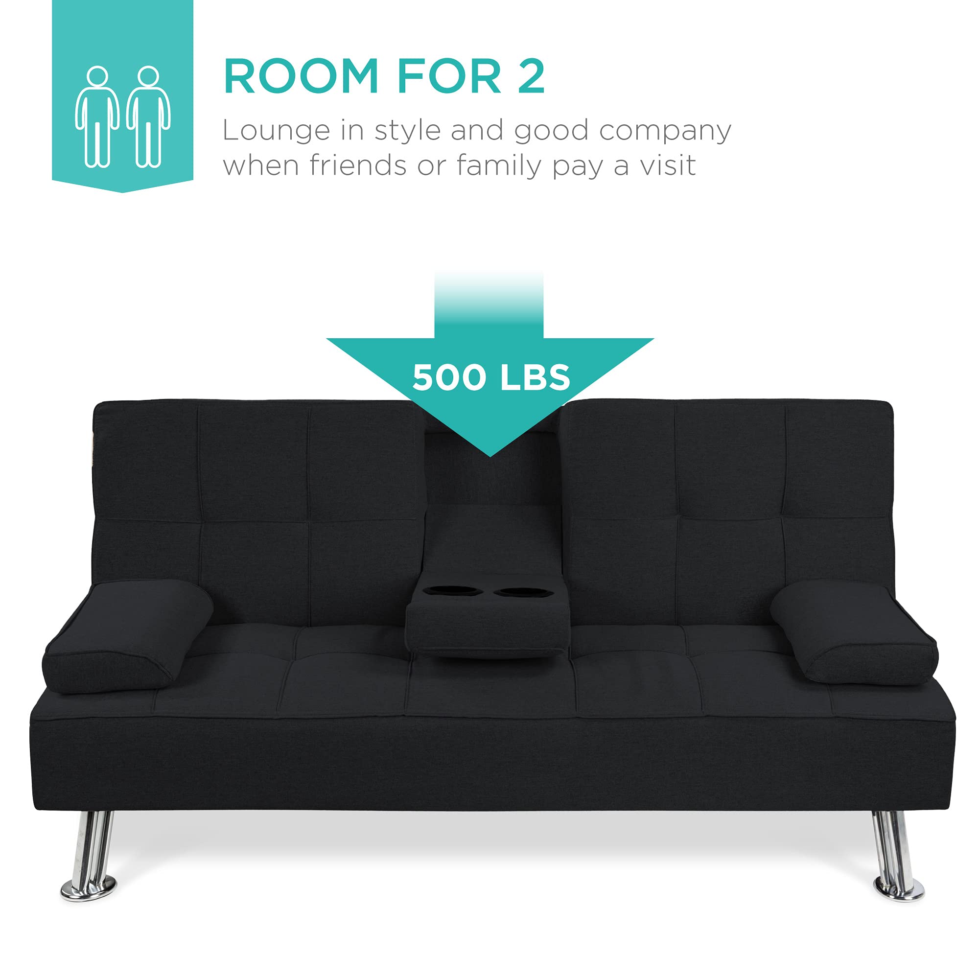 Best Choice Products Modern Folding Futon Sofa Bed - Convertible Linen Recliner for Small Spaces, Apartments & Dorms with Removable Armrests & 2 Cup Holders - Black | Space-Saving Sleeper Solution for Living Rooms, Guest Rooms & Studio Apartments