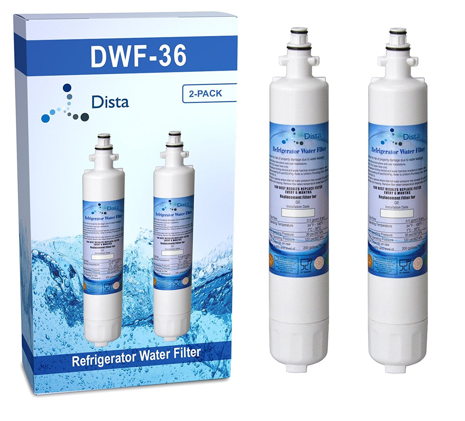 Dista Refrigerator Water Filter Cartridge Replacement for GE RPWF (Not RPWFE) - 2 Pack - Pure Drinking Water for Home, Office & RV Use