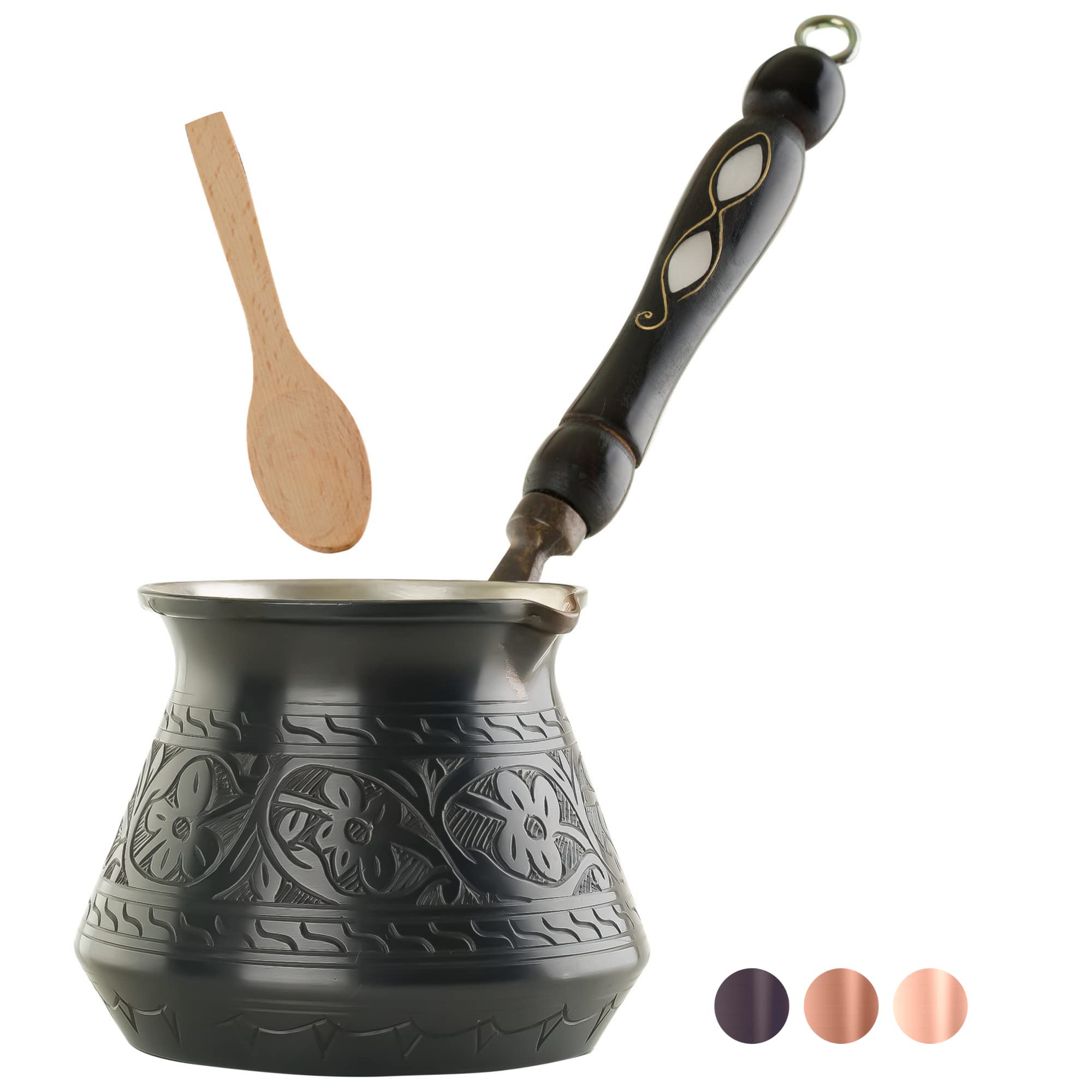 BCS 12 Oz Copper Turkish Greek Arabic Coffee Pot with Wooden Handle - Traditional Cezve Ibrik Briki Stovetop Coffee Maker for 4 Servings - Includes Free Wooden Spoon - Perfect for Home Brewing, Camping & Gift Giving